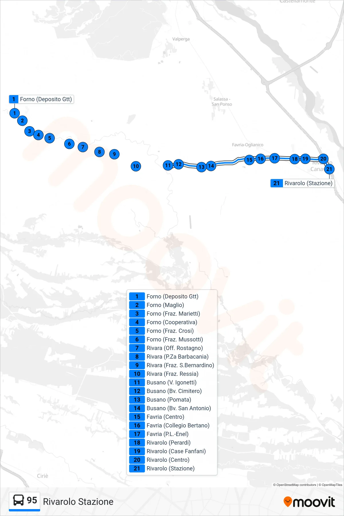 95 bus Line (Rivarolo Station) route and stops on a map