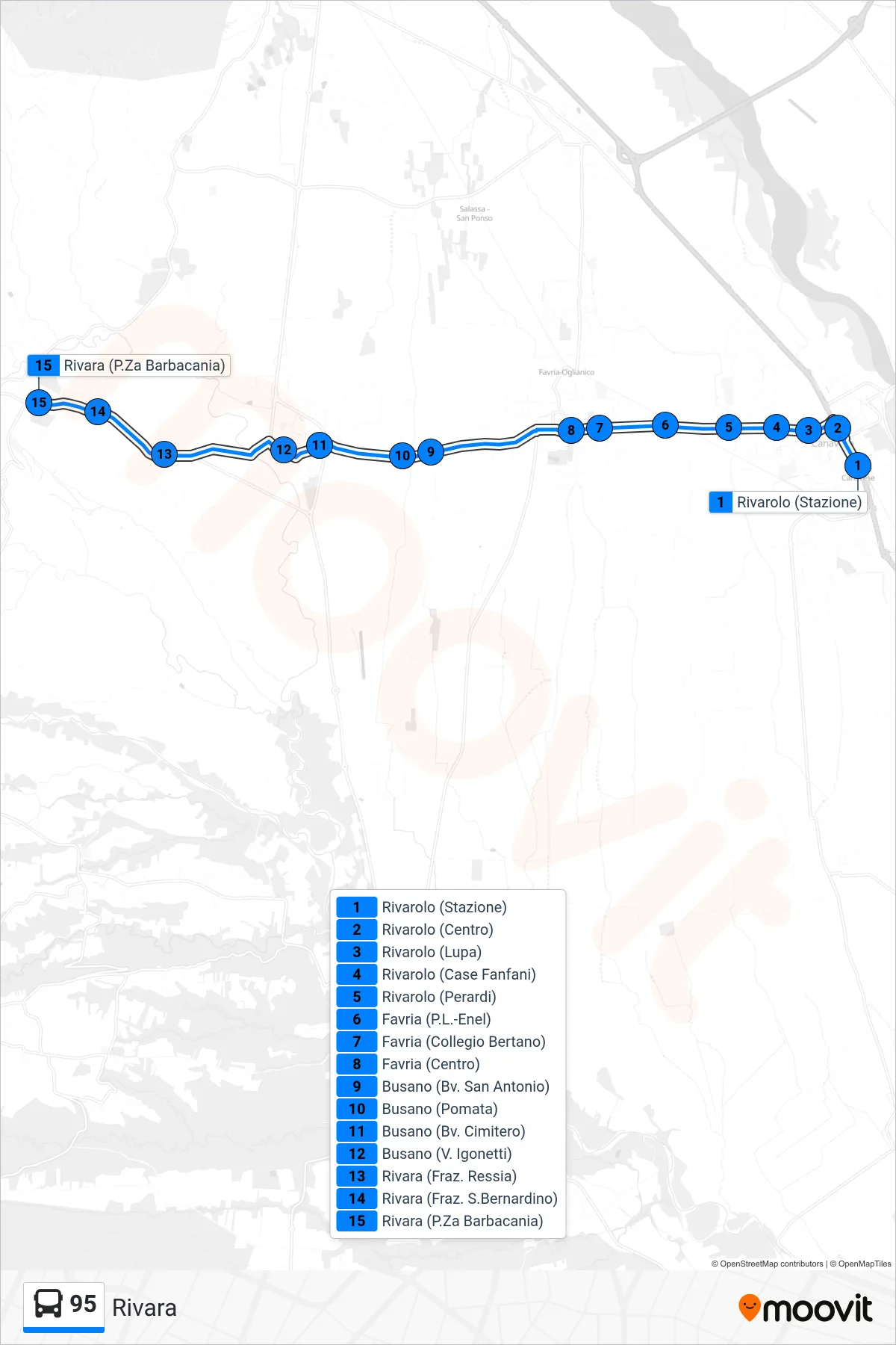 Linea 95 bus (Rivara) - Percorsi e fermate sulla mappa