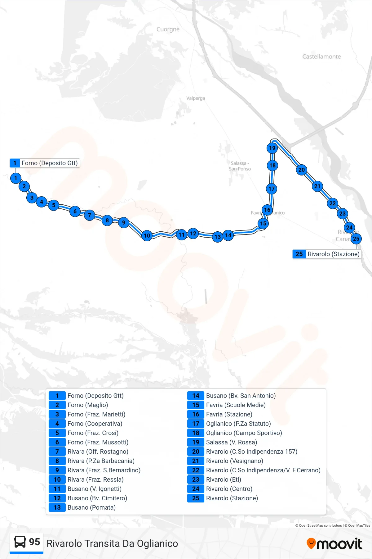 Linea 95 bus (Rivarolo Transita Da Oglianico) - Percorsi e fermate sulla mappa