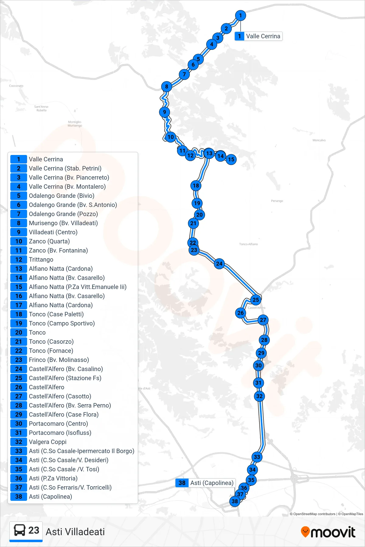 Linea 23  bus (Asti Villadeati) - Percorsi e fermate sulla mappa