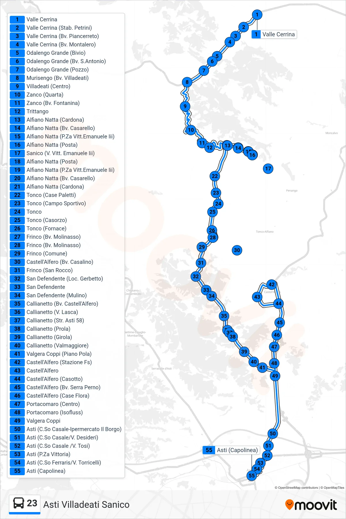 Linea 23  bus (Asti Villadeati  Sanico) - Percorsi e fermate sulla mappa
