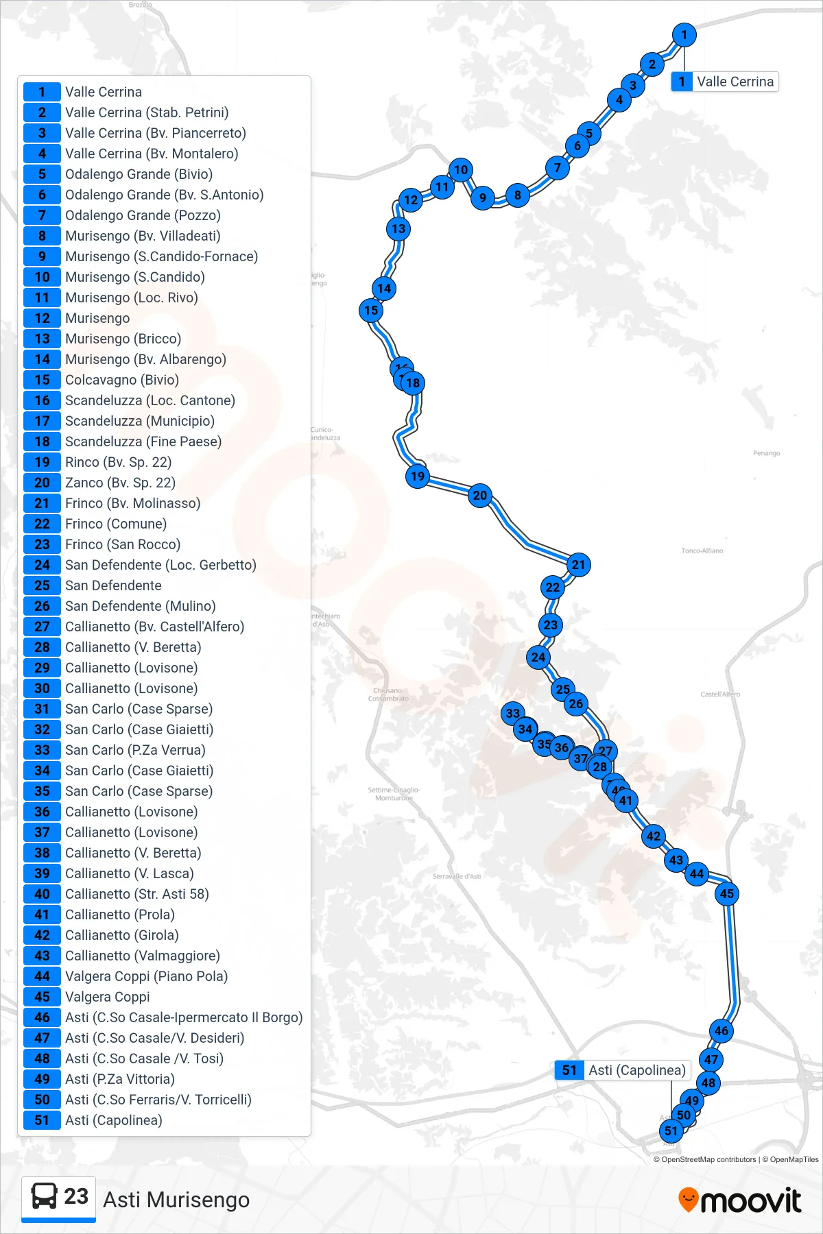 Linea 23 bus (Asti Murisengo) - Percorsi e fermate sulla mappa