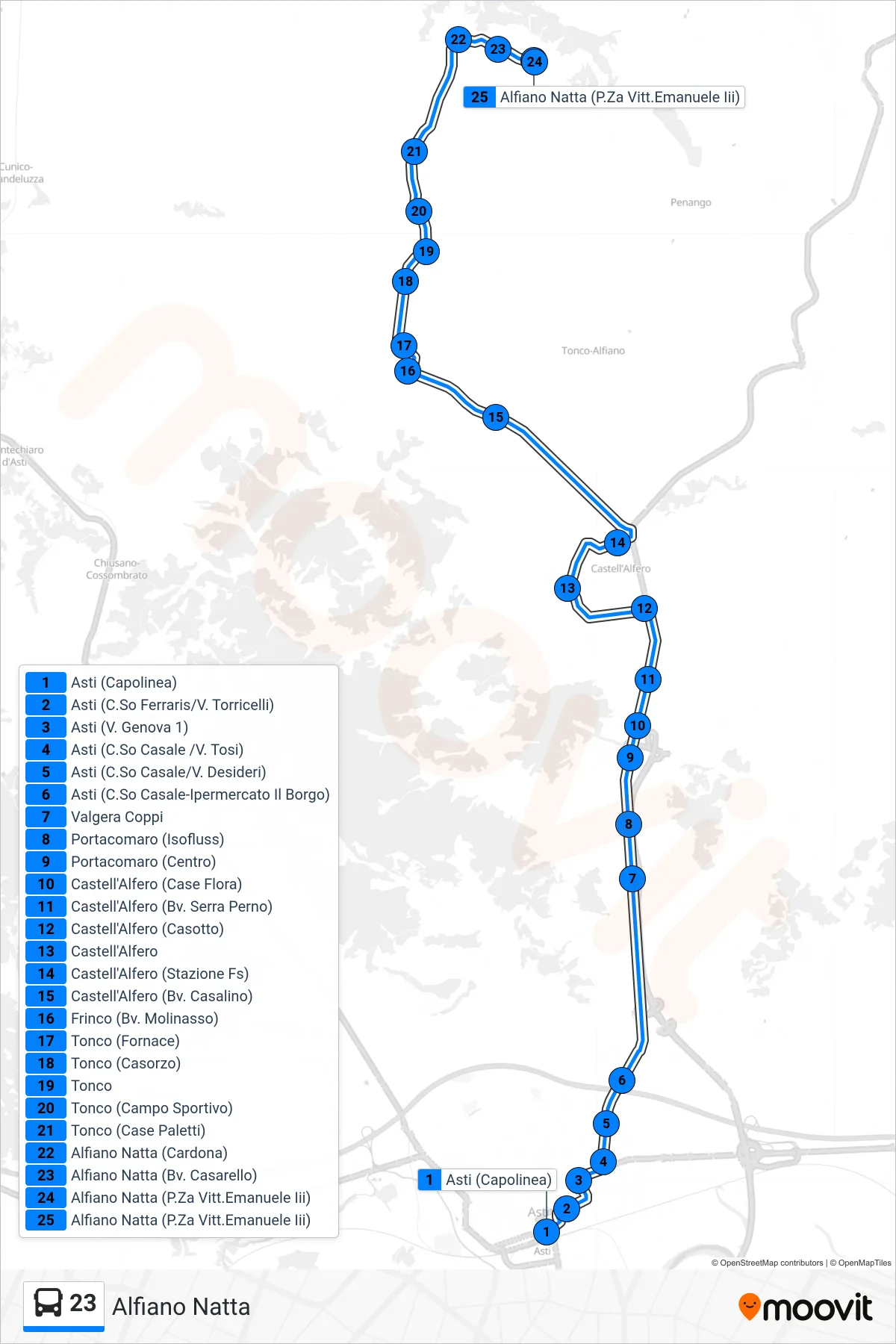 Linea 23  bus (Alfiano Natta) - Percorsi e fermate sulla mappa