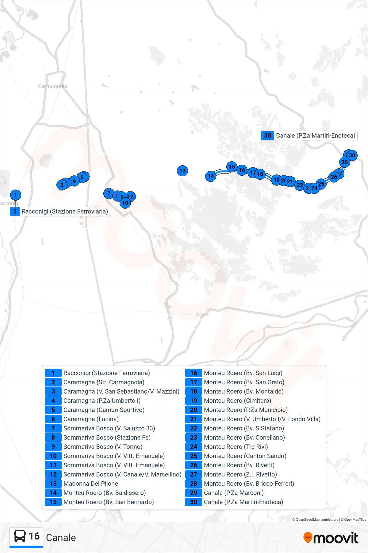 Linea 16 bus (Canale) - Percorsi e fermate sulla mappa