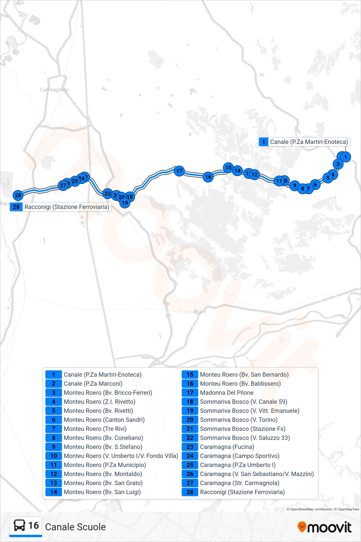 Linea 16 bus (Canale Scuole) - Percorsi e fermate sulla mappa