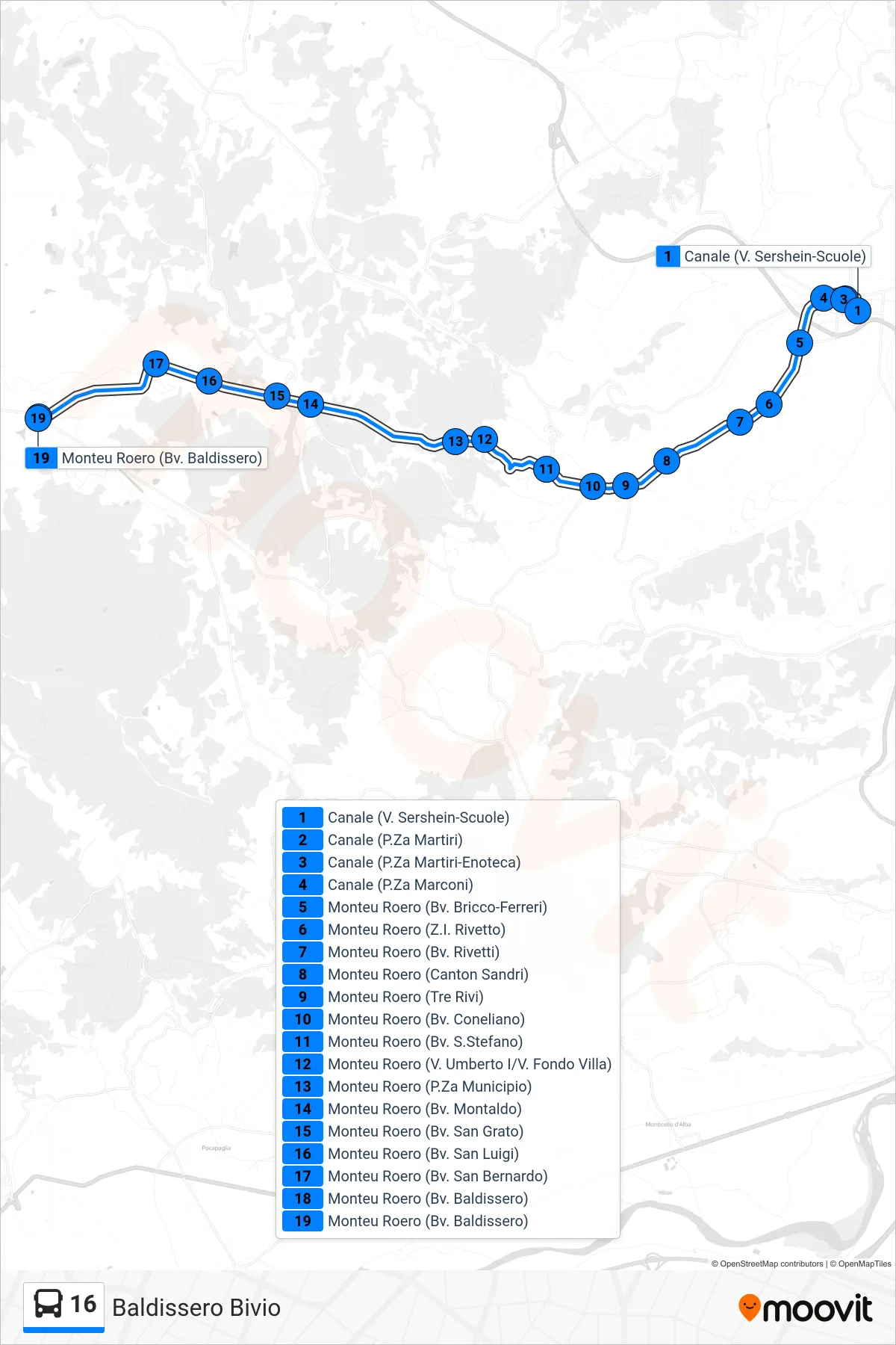 Linea 16 bus (Baldissero Bivio) - Percorsi e fermate sulla mappa