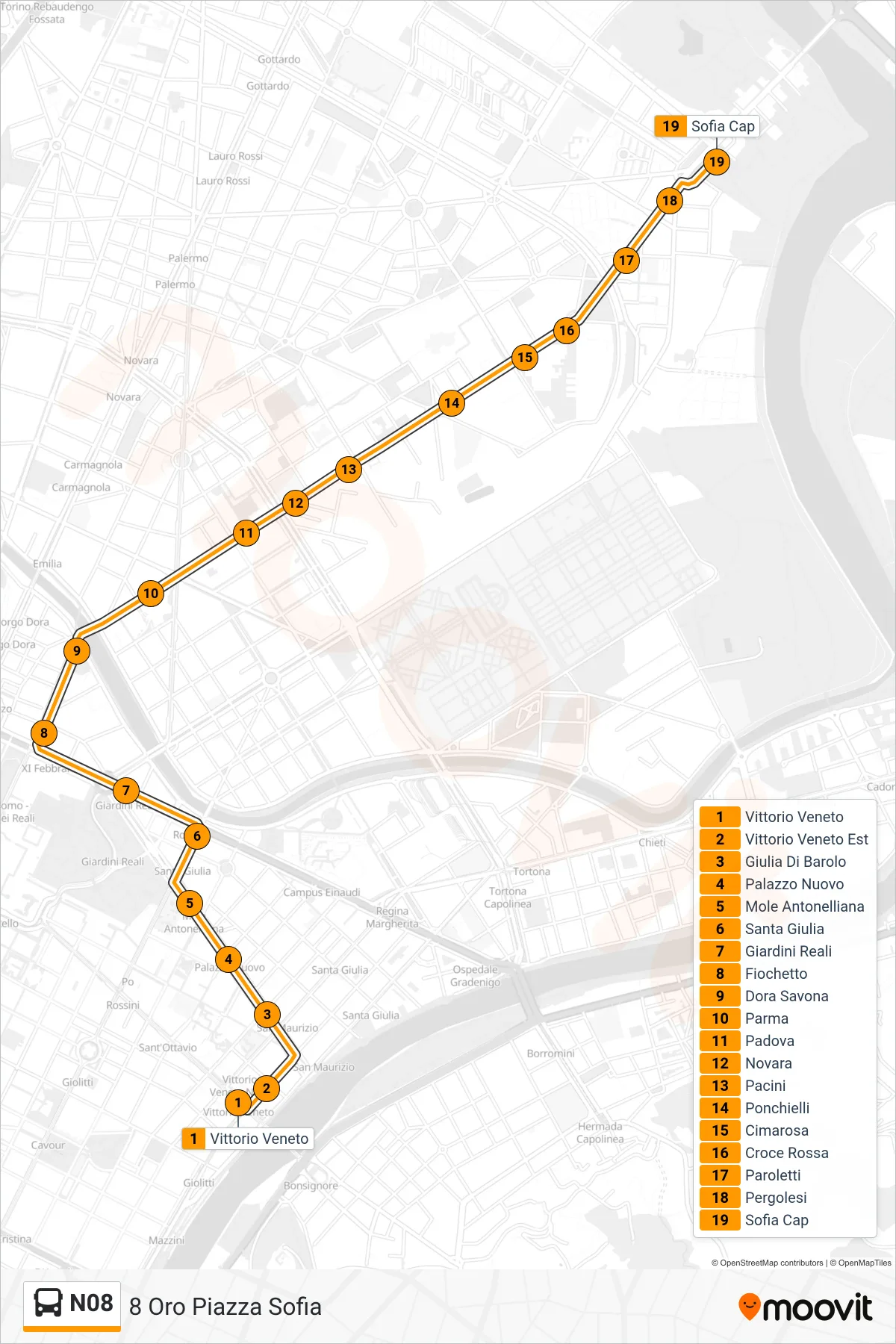 Linea N08 bus (8 Oro Piazza Sofia) - Percorsi e fermate sulla mappa