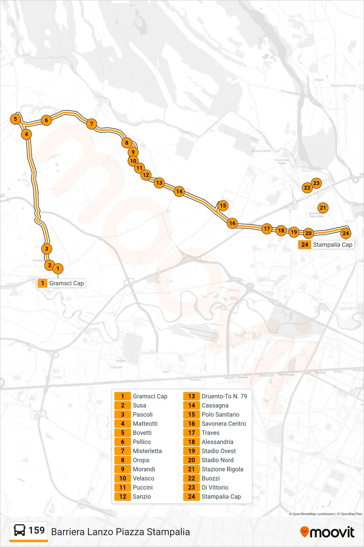 Linea 159  bus (Barriera Lanzo Piazza Stampalia) - Percorsi e fermate sulla mappa