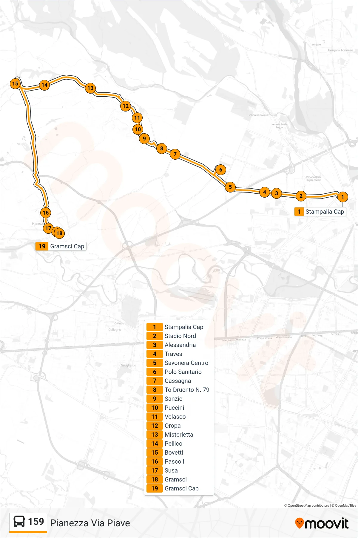 159 bus Line (Pianezza Piave Street) route and stops on a map
