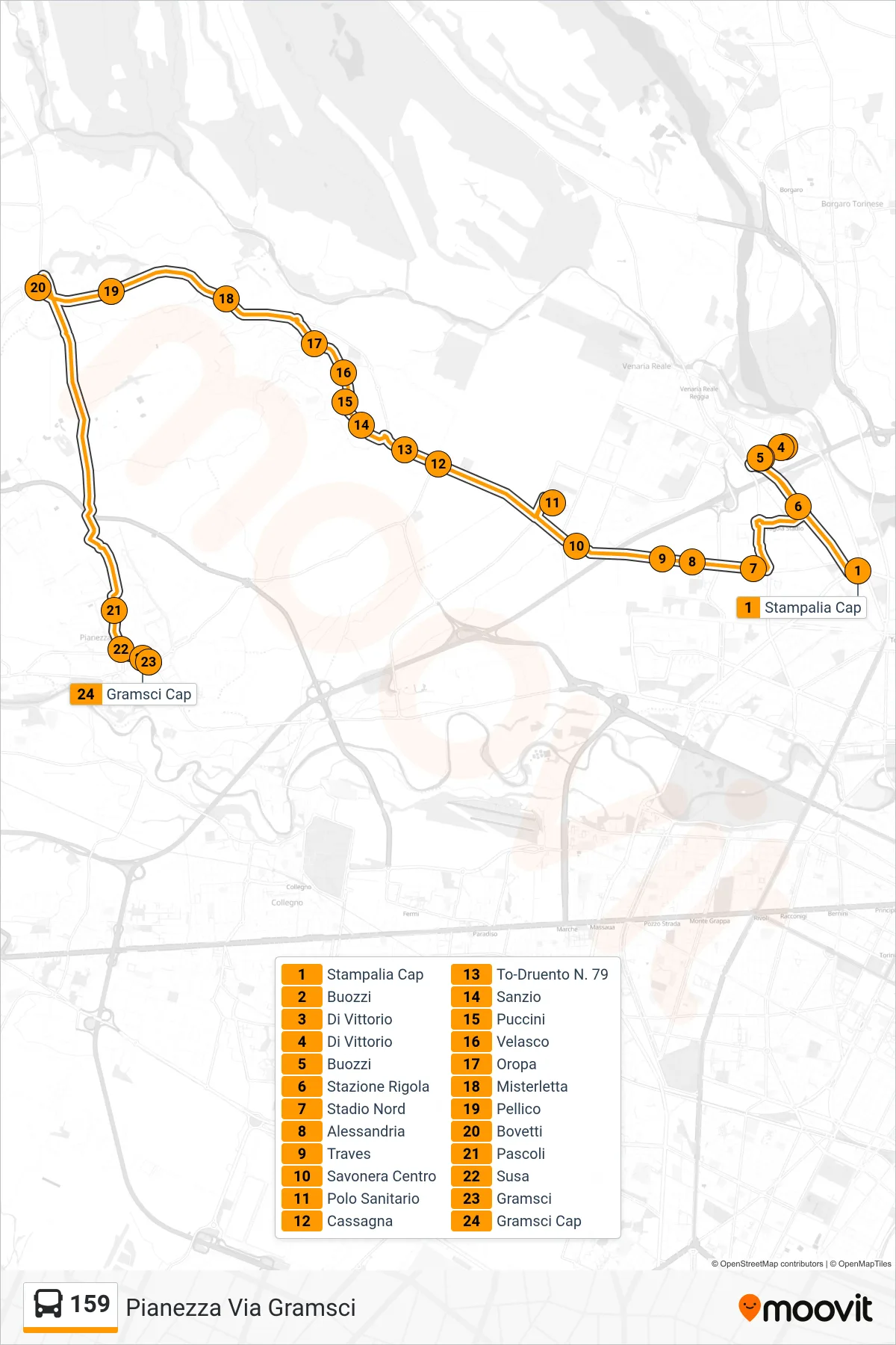 Linea 159 bus (Pianezza Via Gramsci) - Percorsi e fermate sulla mappa