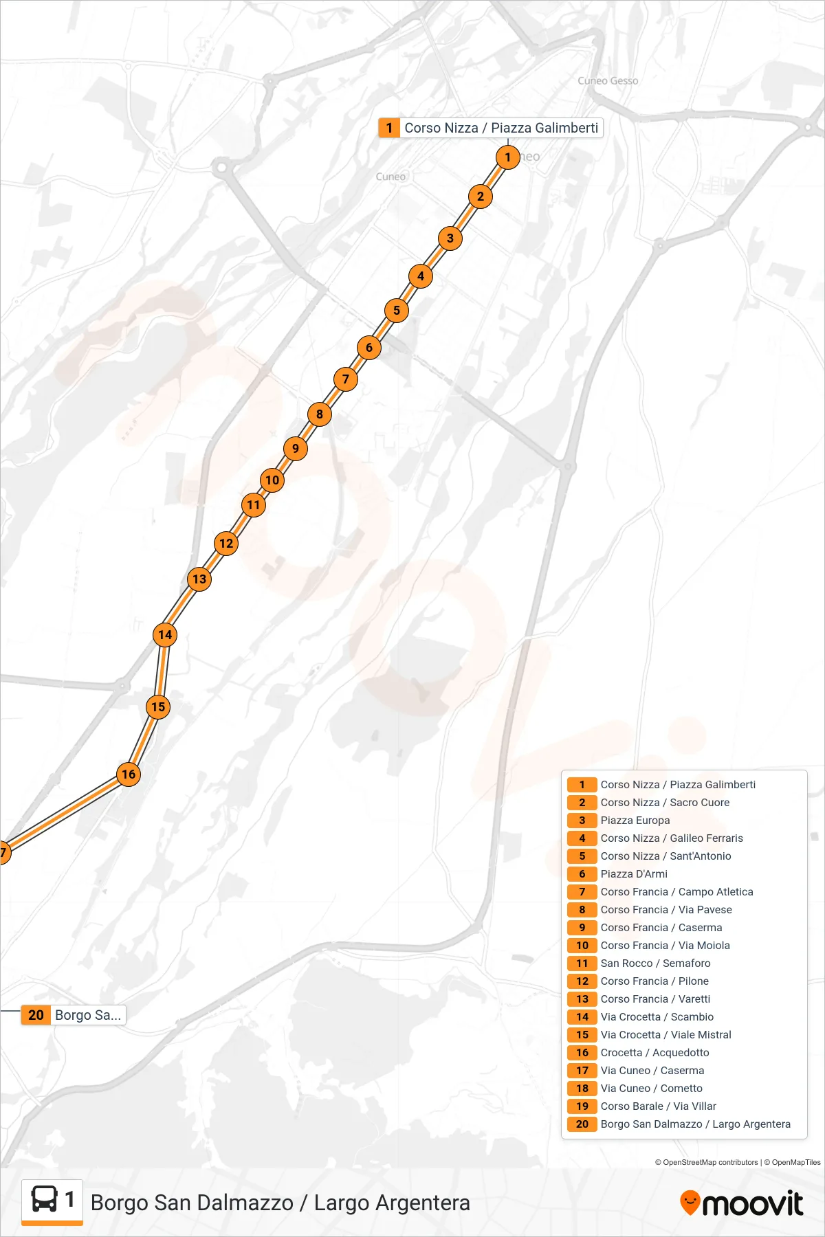 Linea 1  bus (Borgo San Dalmazzo / Largo Argentera) - Percorsi e fermate sulla mappa