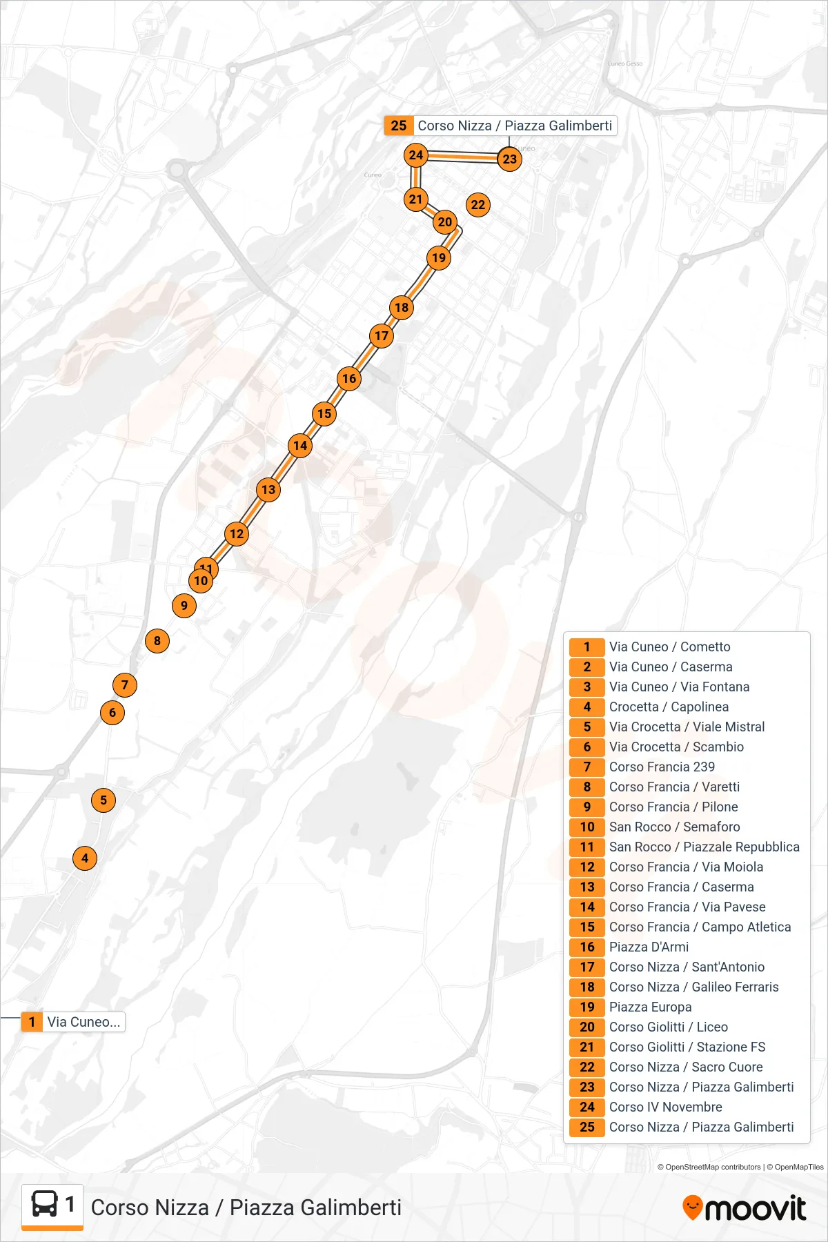 Linea 1 bus (Corso Nizza / Piazza Galimberti) - Percorsi e fermate sulla mappa