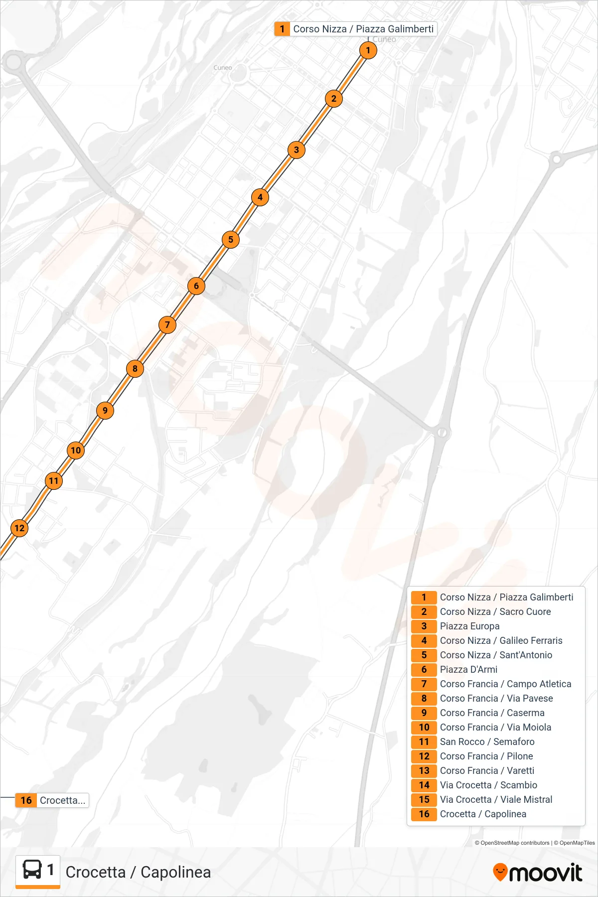 Linea 1 bus (Crocetta / Capolinea) - Percorsi e fermate sulla mappa
