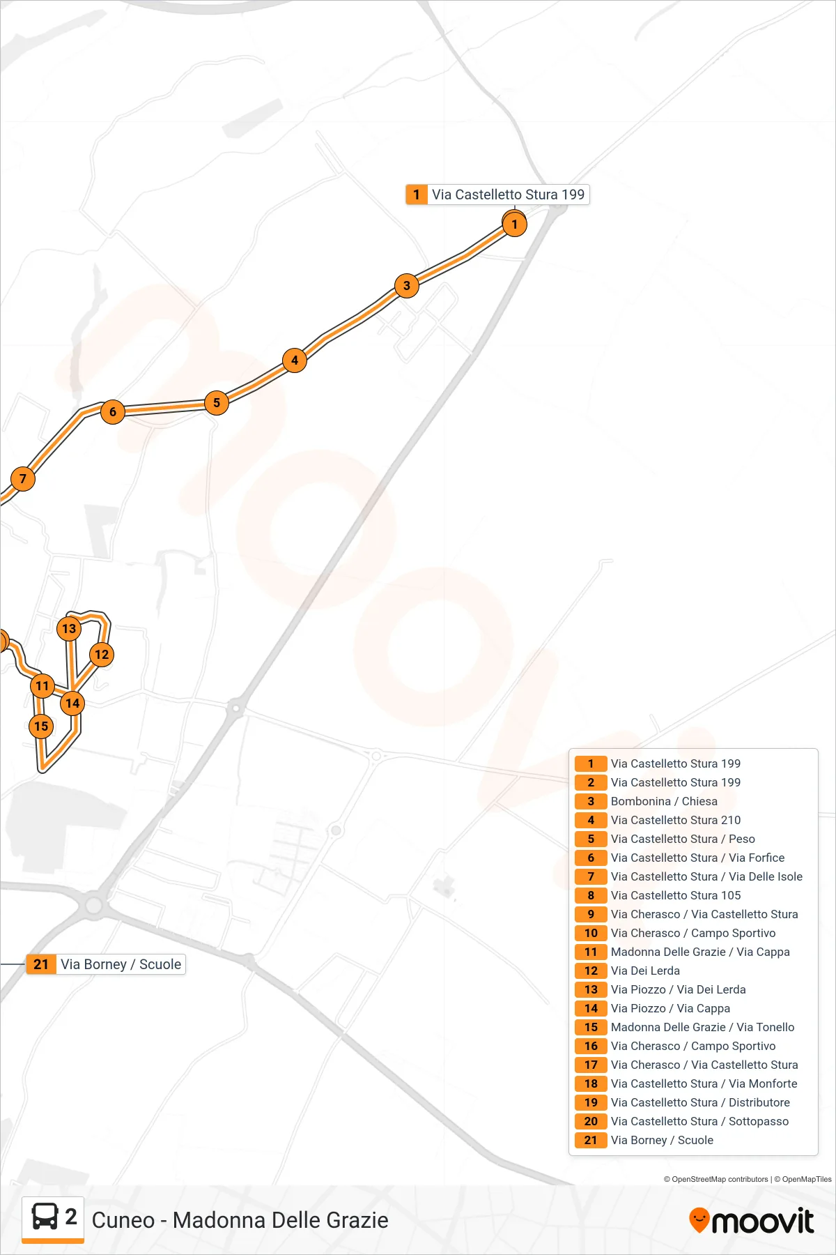 2 bus Line (Via Borney / Schools) route and stops on a map