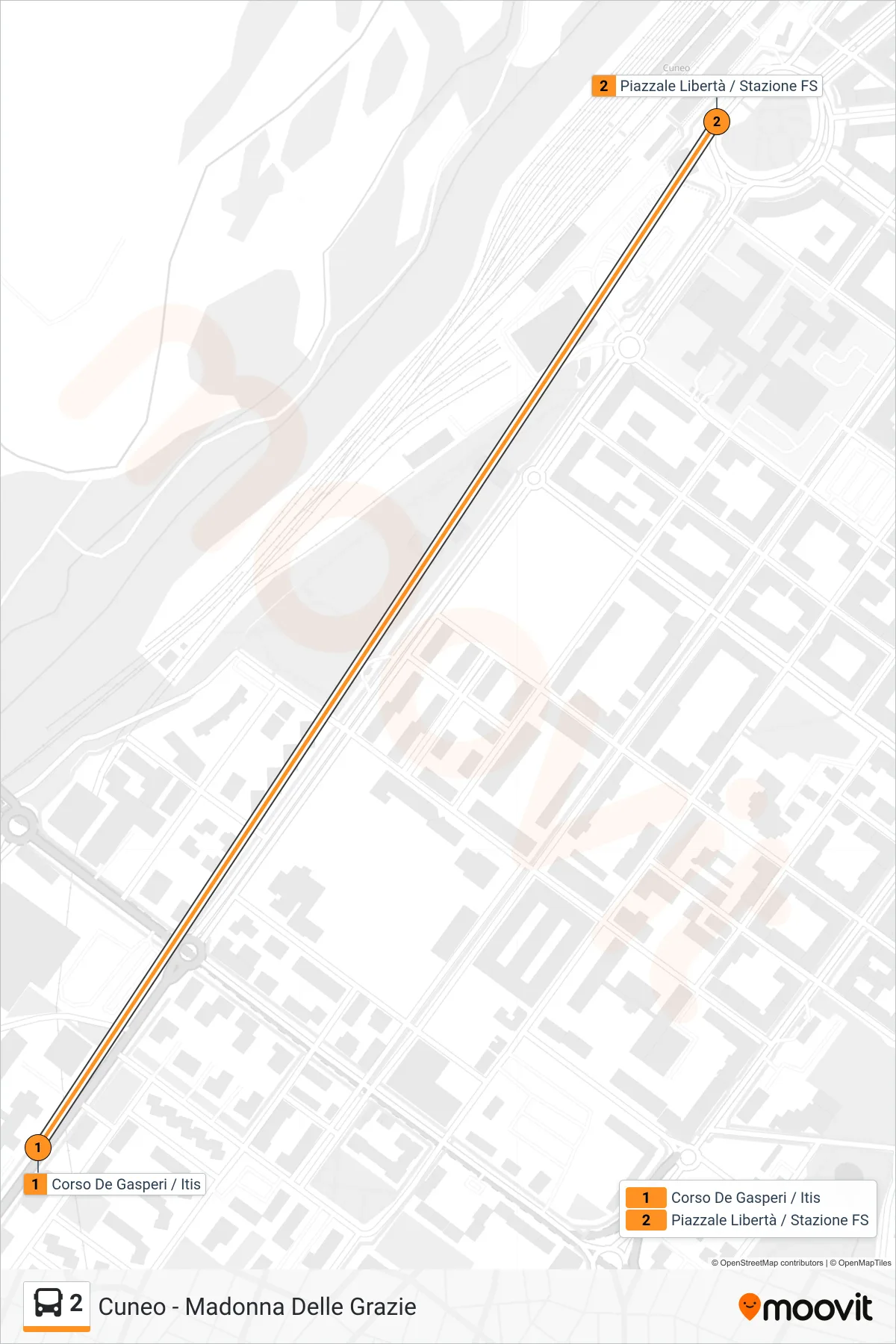 2 bus Line (Liberty Square / Railway Station) route and stops on a map