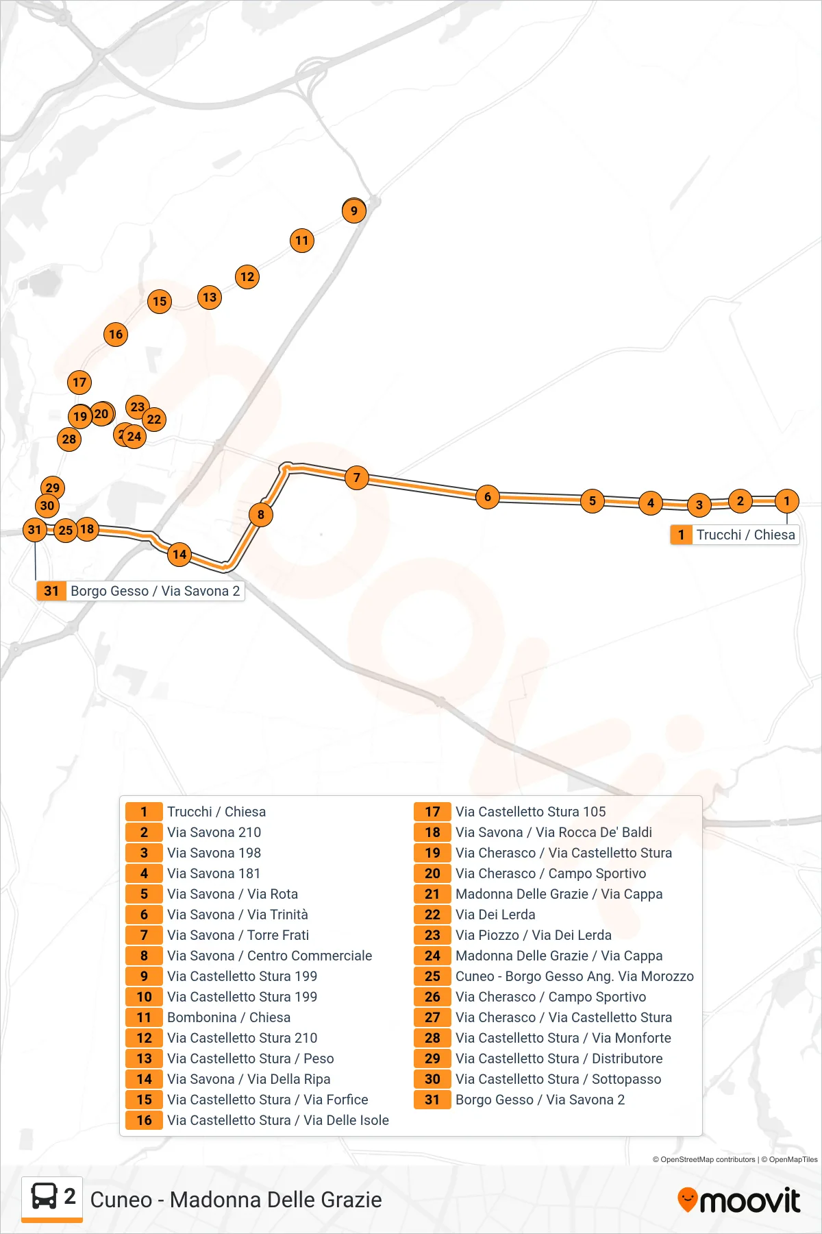 2 bus Line (Borgo Gesso / Via Savona 2) route and stops on a map