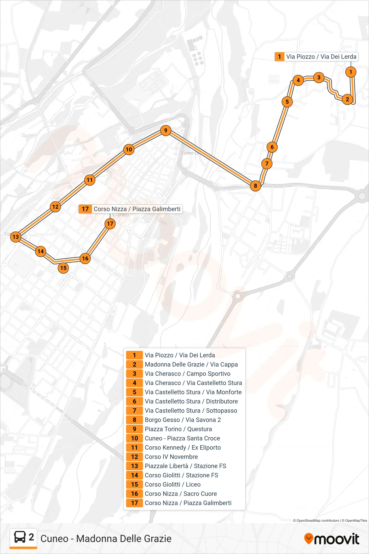 Linea 2 bus (Corso Nizza / Piazza Galimberti) - Percorsi e fermate sulla mappa