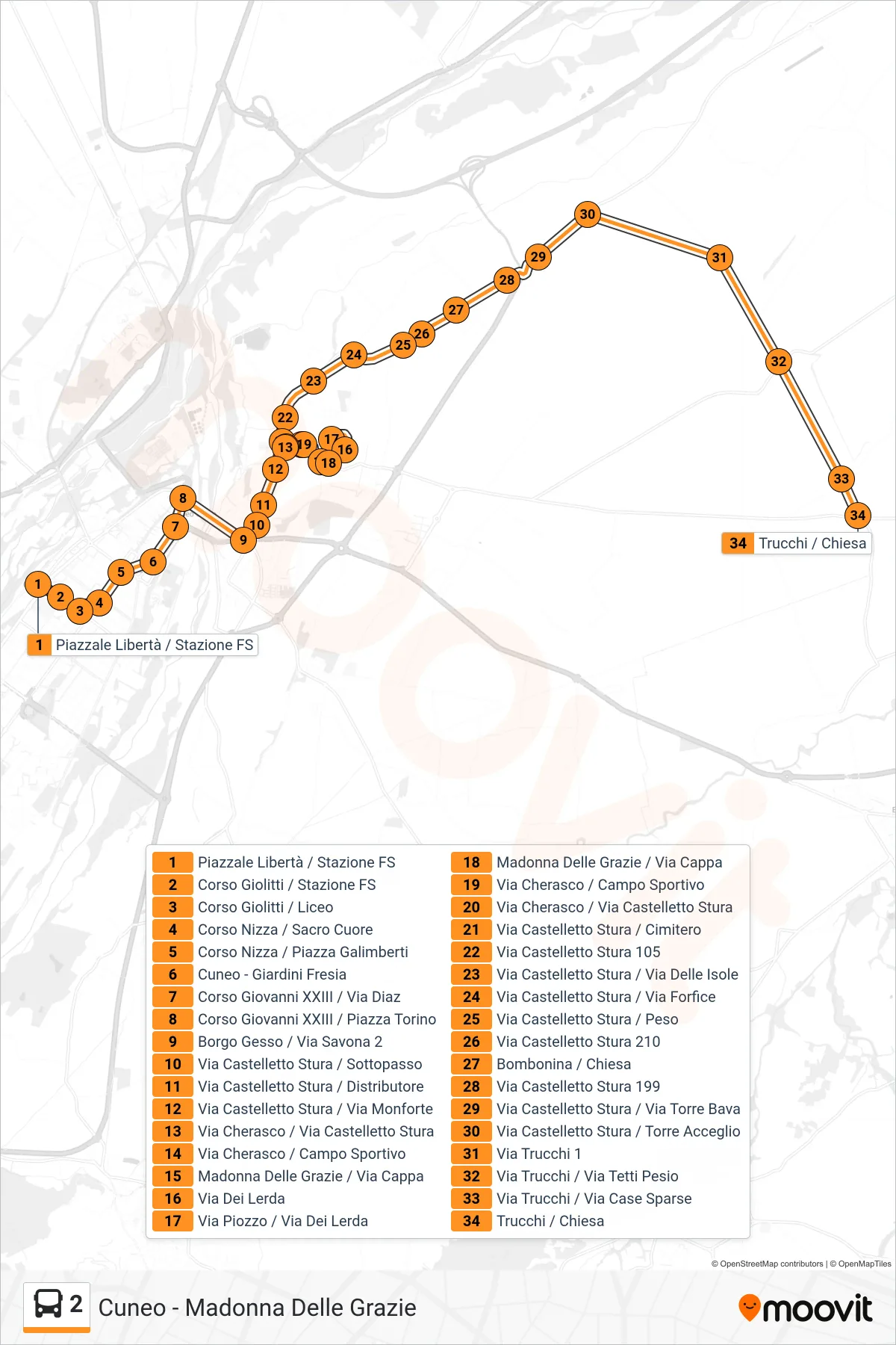 2 bus Line (Trucchi / Church) route and stops on a map