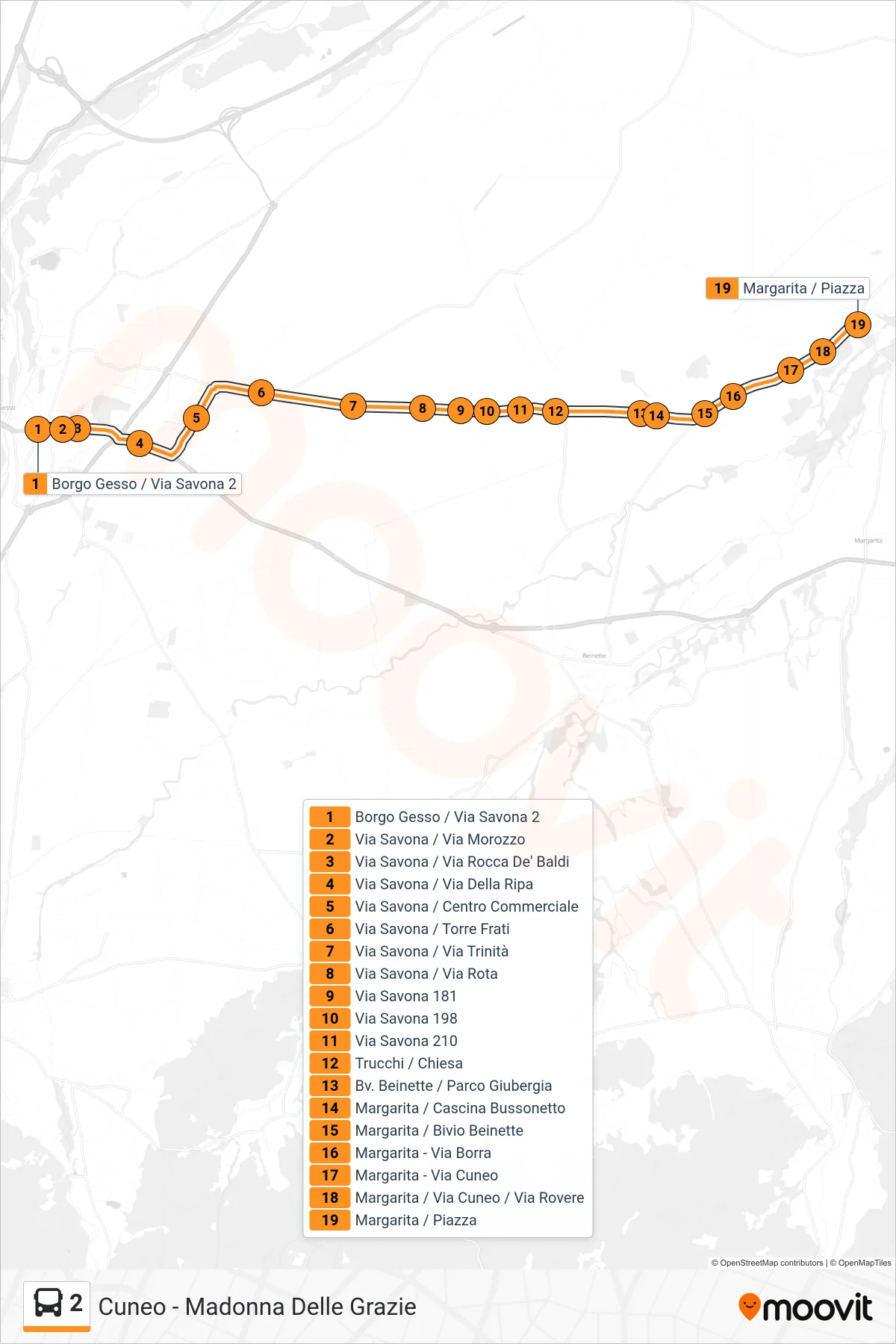 2 bus Line (Margarita Square) route and stops on a map