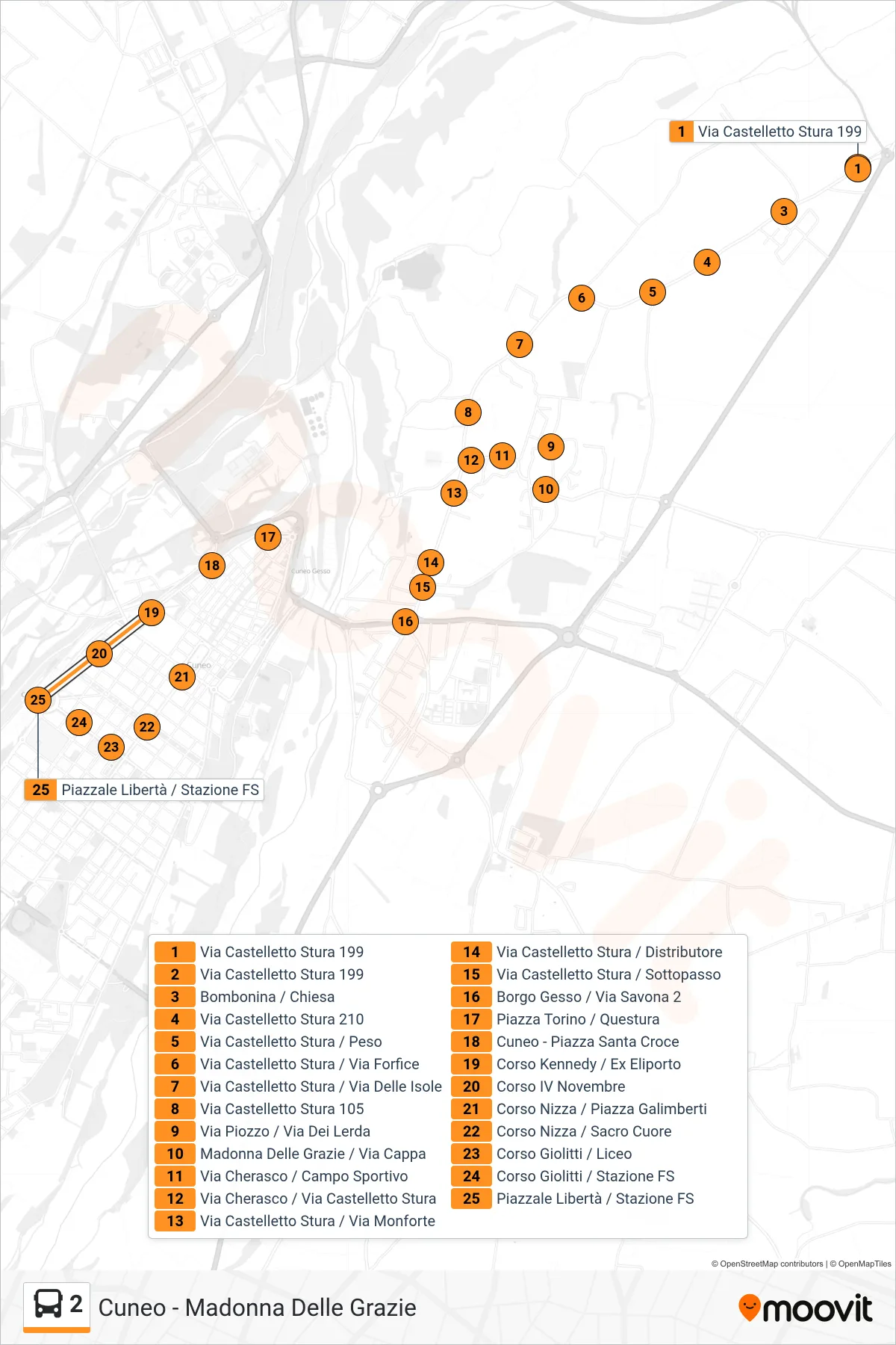 Linea 2 bus (Piazzale Libertà / Stazione FS) - Percorsi e fermate sulla mappa