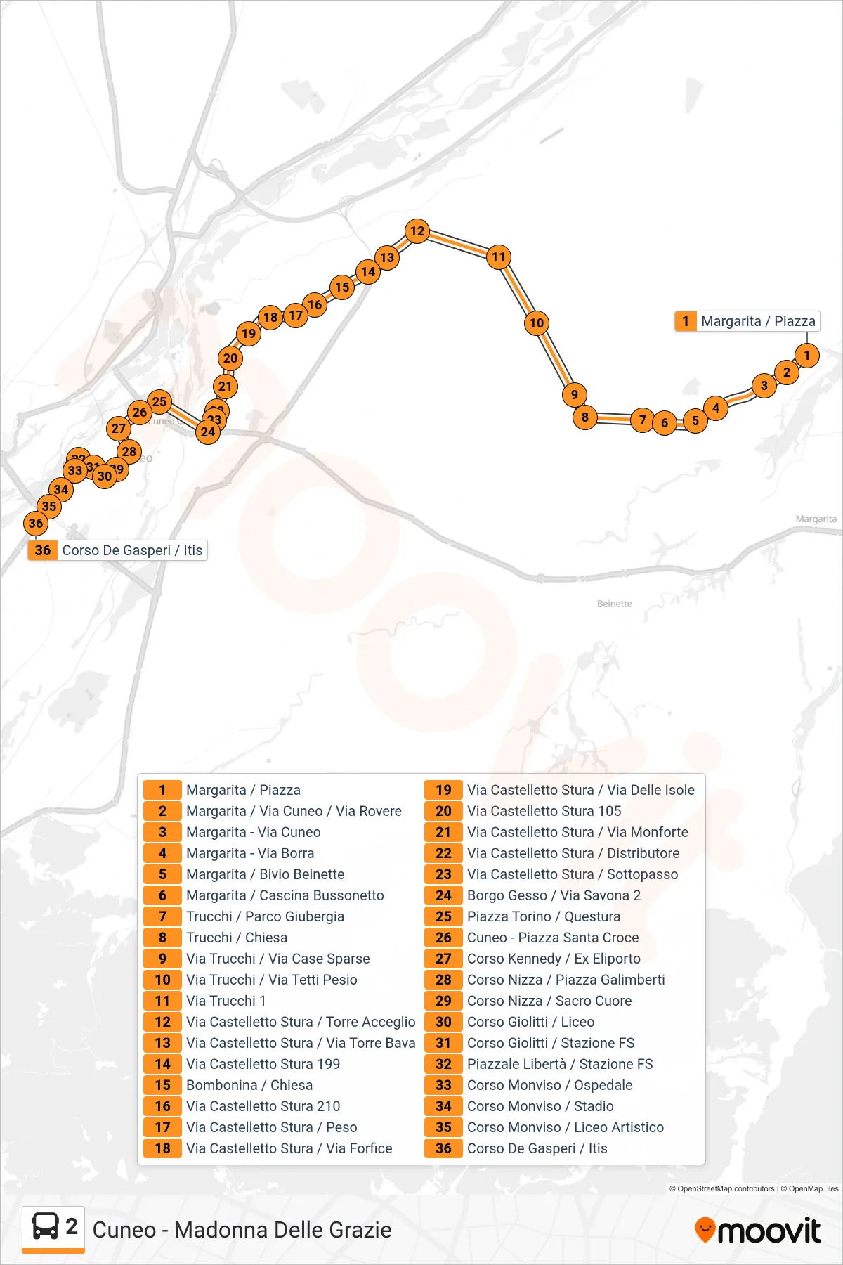 2 bus Line (Corso De Gasperi / Itis) route and stops on a map