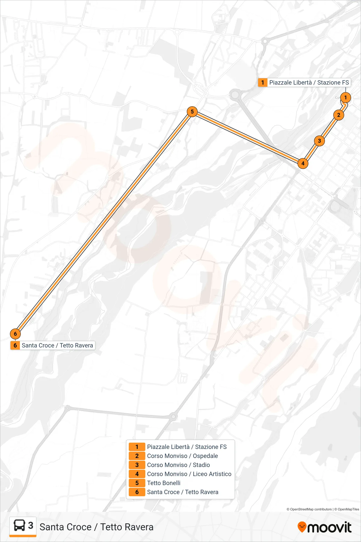 Linea 3 bus (Santa Croce / Tetto Ravera) - Percorsi e fermate sulla mappa