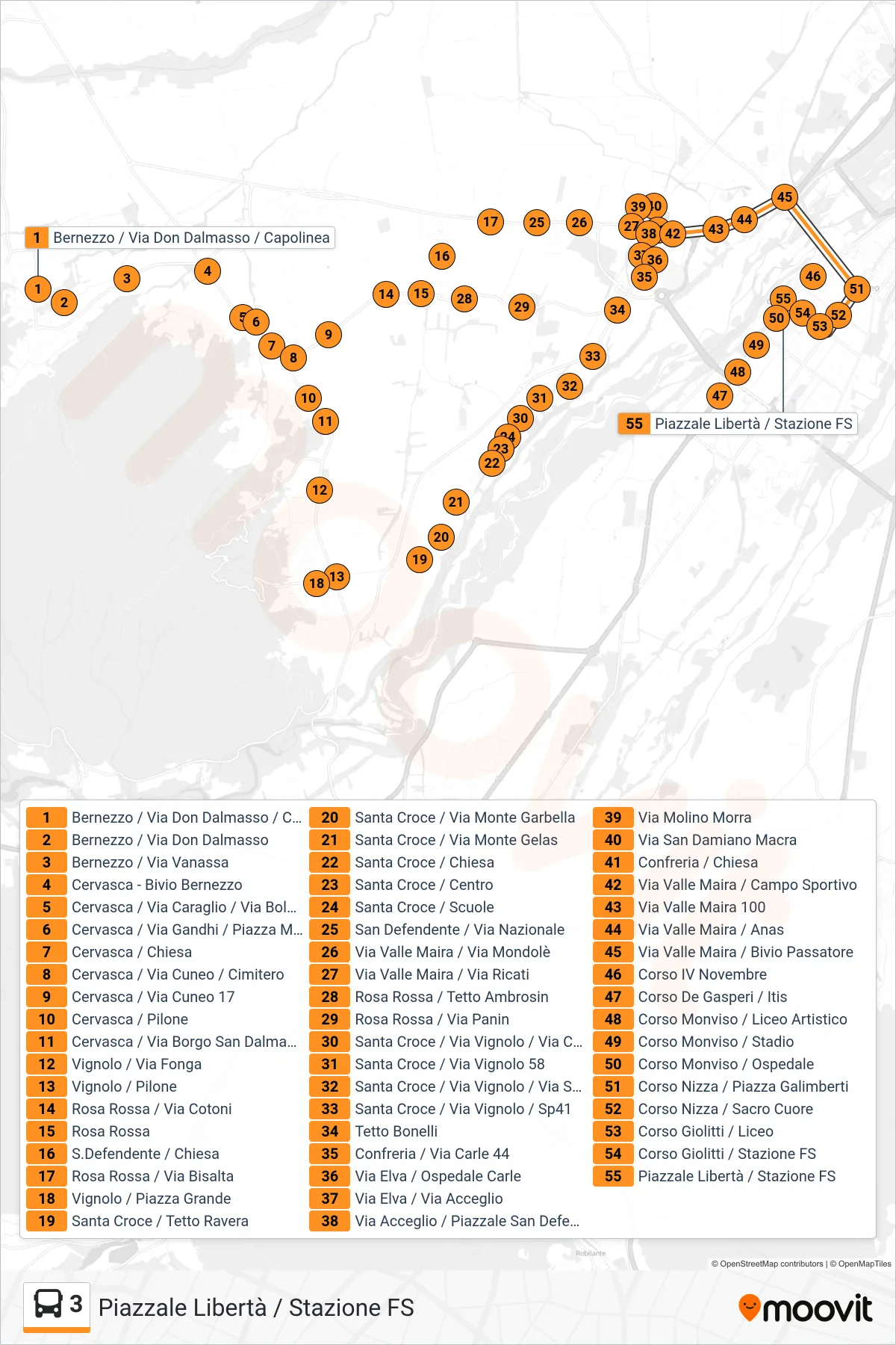 Linea 3  bus (Piazzale Libertà / Stazione FS) - Percorsi e fermate sulla mappa