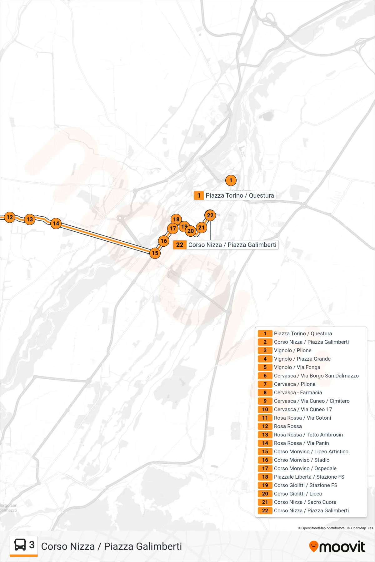 Linea 3  bus (Corso Nizza / Piazza Galimberti) - Percorsi e fermate sulla mappa