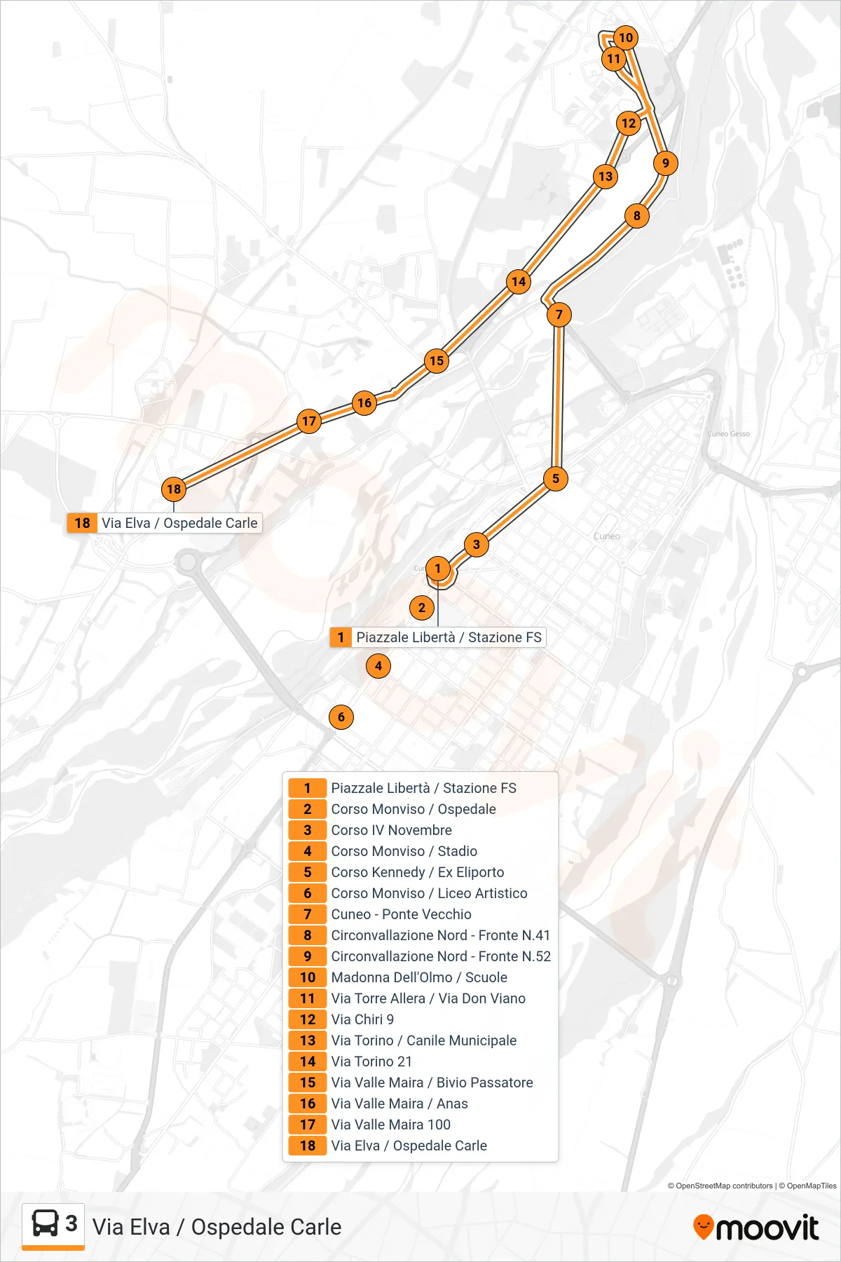 Linea 3  bus (Via Elva / Ospedale Carle) - Percorsi e fermate sulla mappa