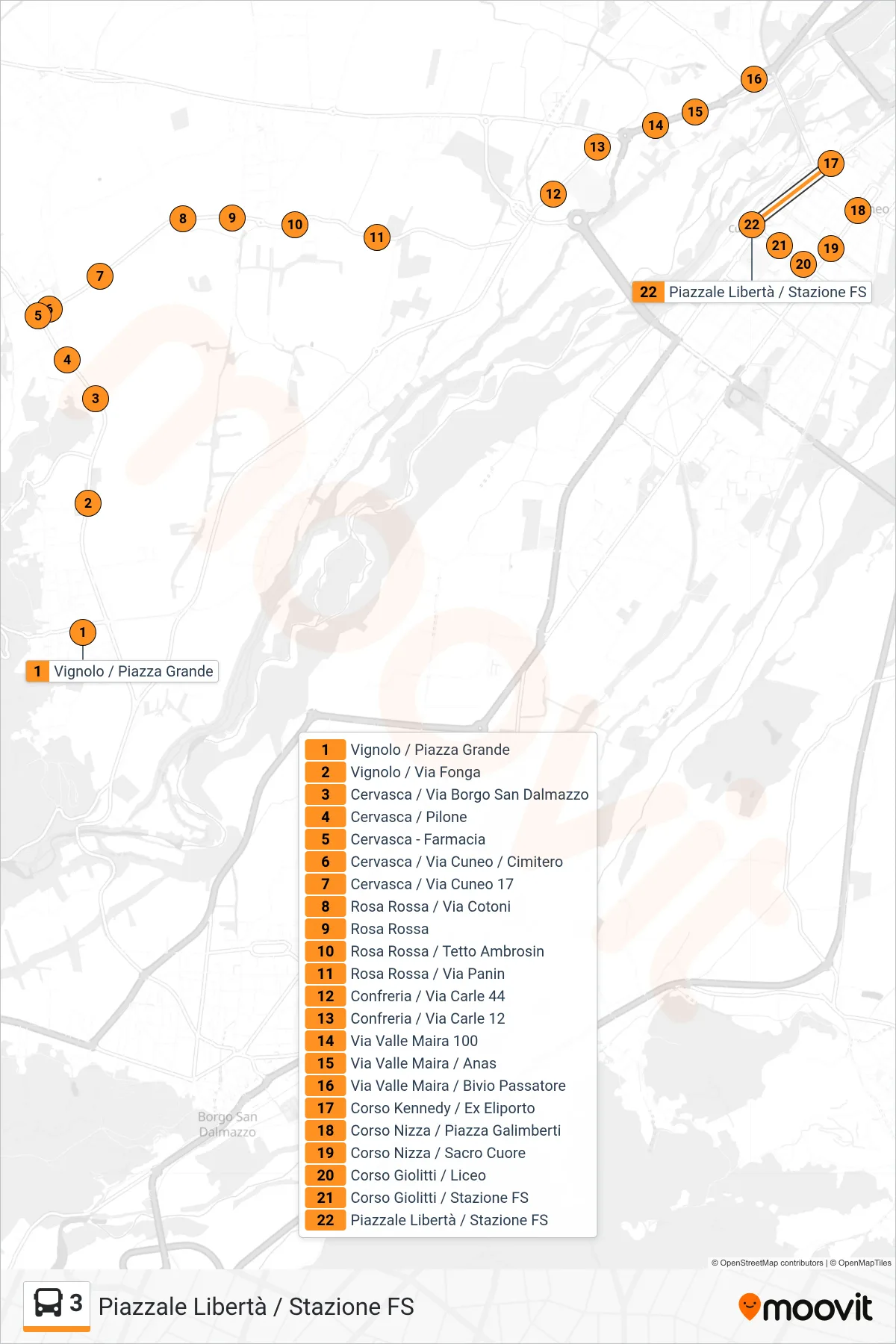 Linea 3 bus (Piazzale Libertà / Stazione FS) - Percorsi e fermate sulla mappa