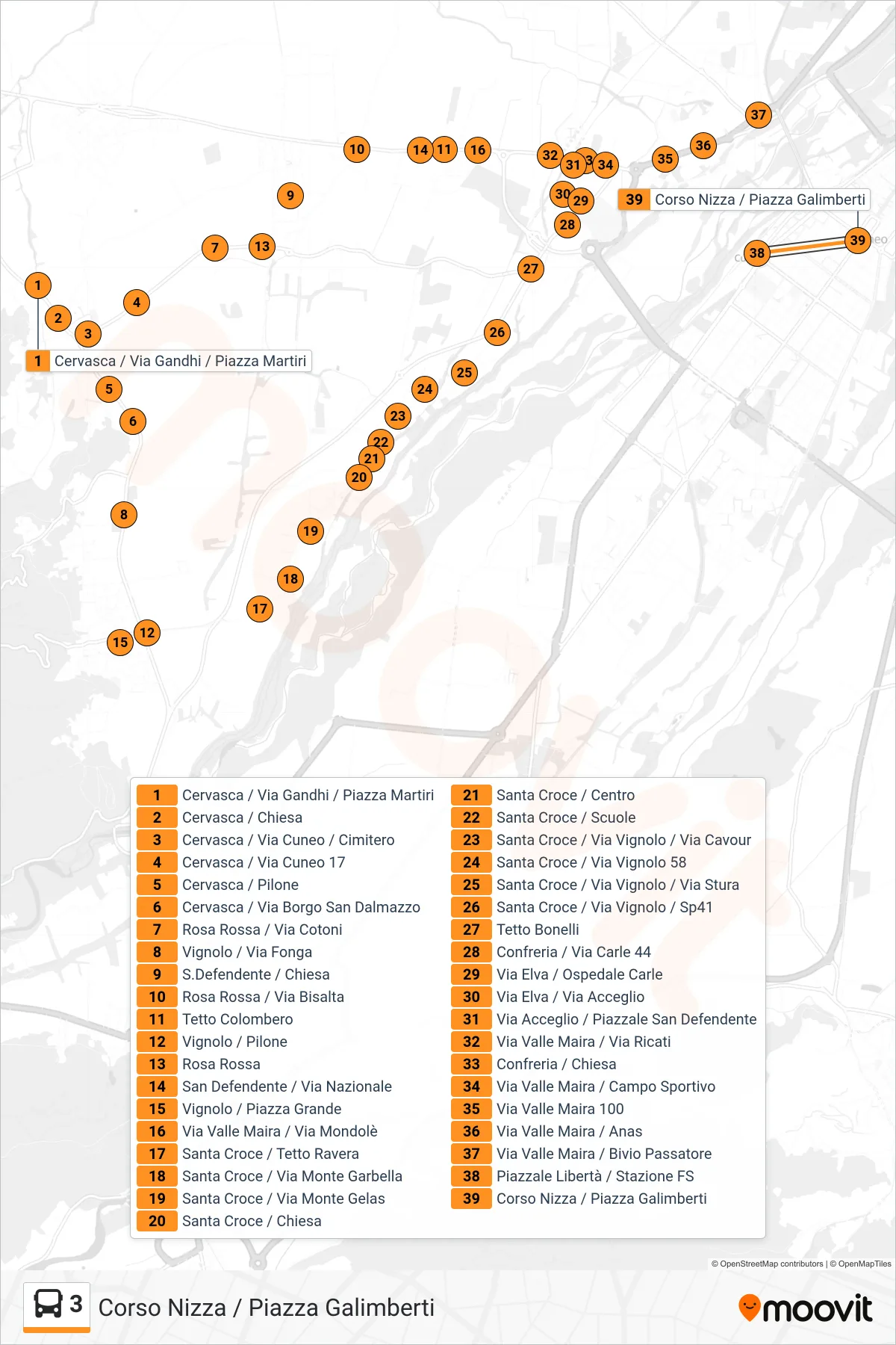 Linea 3  bus (Corso Nizza / Piazza Galimberti) - Percorsi e fermate sulla mappa
