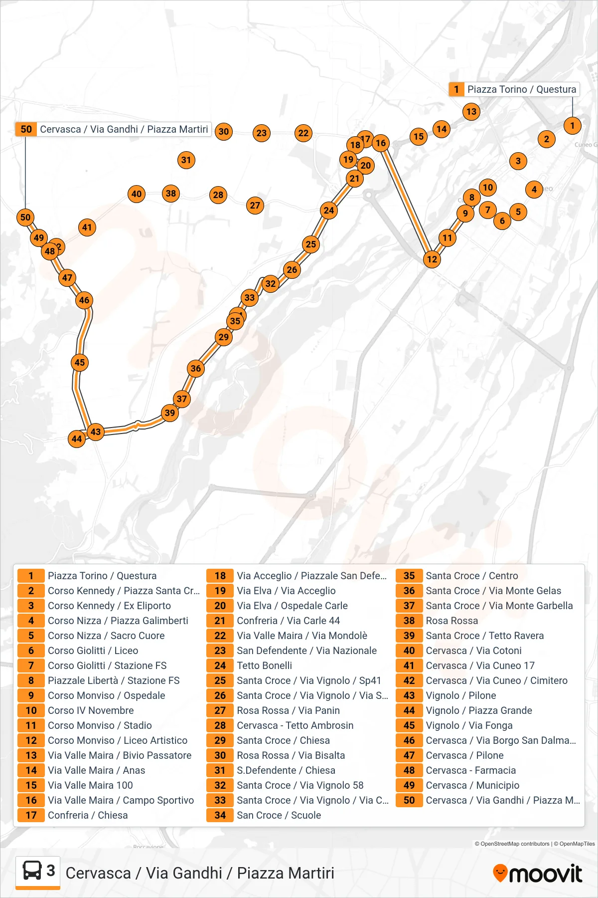 Linea 3  bus (Cervasca / Via Gandhi / Piazza Martiri) - Percorsi e fermate sulla mappa