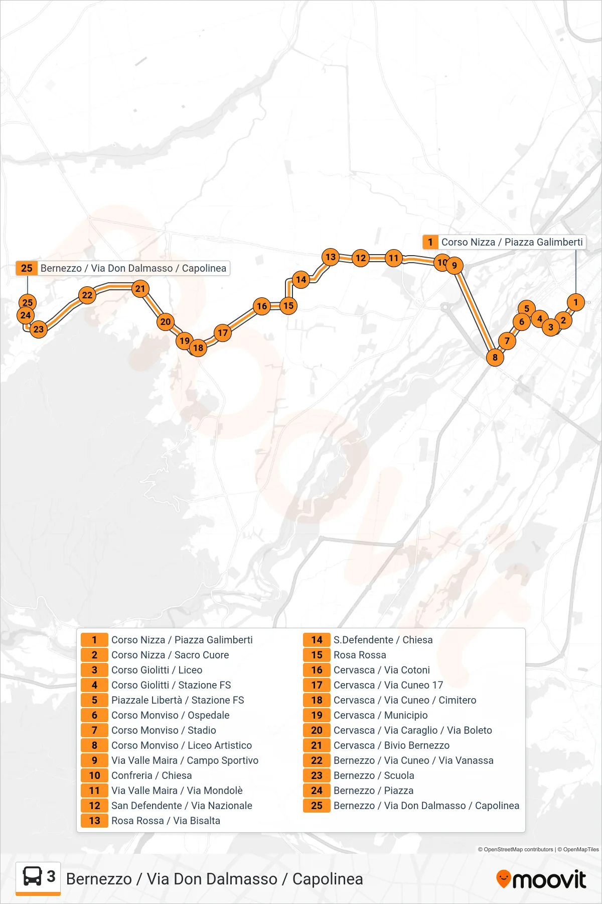 Linea 3 bus (Bernezzo / Via Don Dalmasso / Capolinea) - Percorsi e fermate sulla mappa