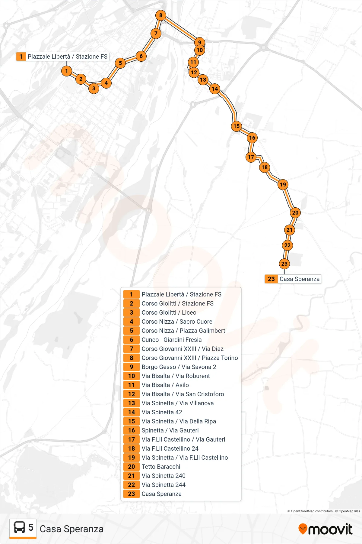 Linea 5 bus (Casa Speranza) - Percorsi e fermate sulla mappa
