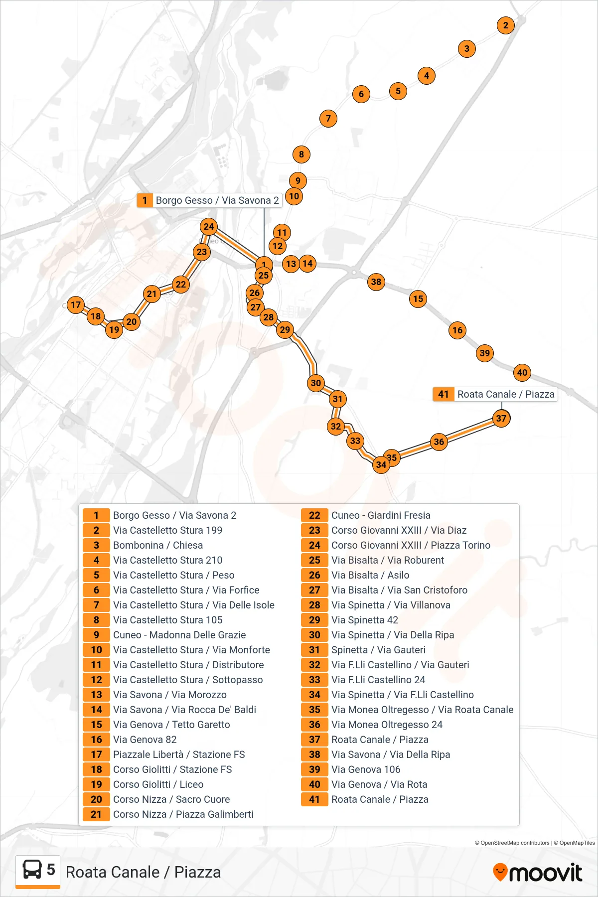 Linea 5 bus (Roata Canale / Piazza) - Percorsi e fermate sulla mappa