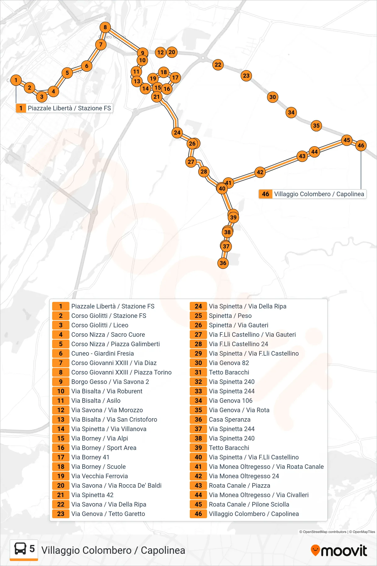 Linea 5  bus (Villaggio Colombero / Capolinea) - Percorsi e fermate sulla mappa
