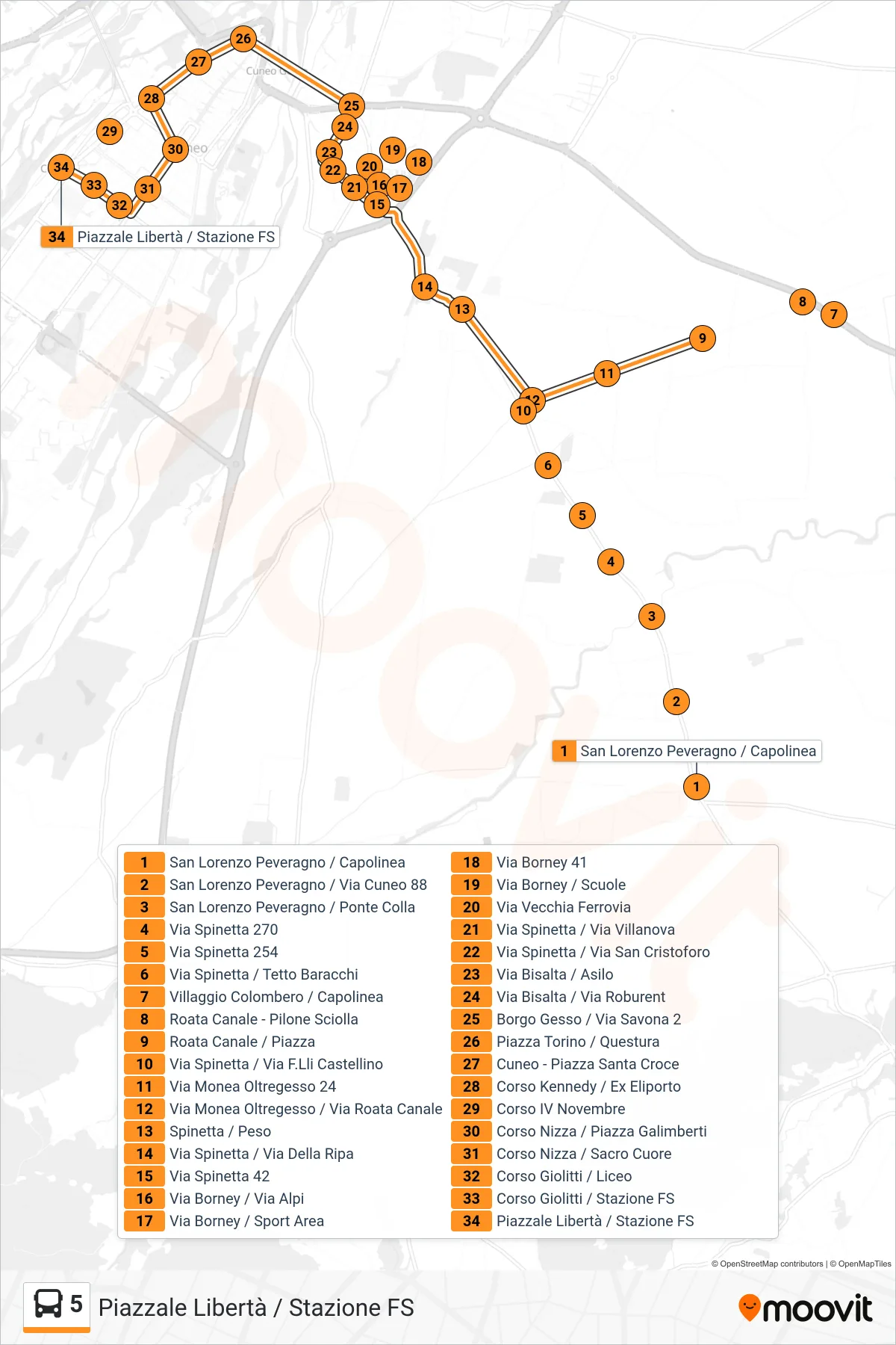 Linea 5  bus (Piazzale Libertà / Stazione FS) - Percorsi e fermate sulla mappa