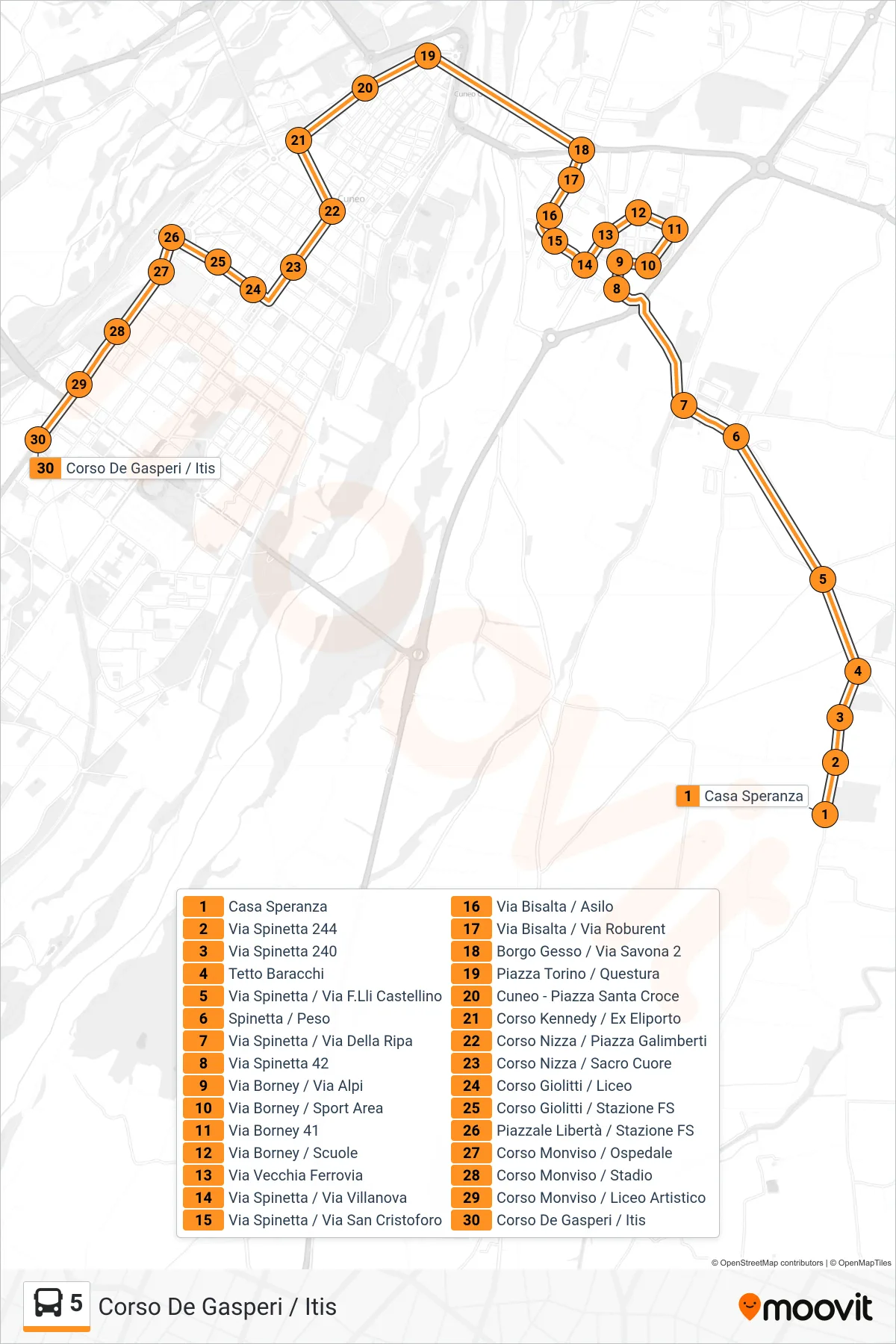Linea 5 bus (Corso De Gasperi / Itis) - Percorsi e fermate sulla mappa