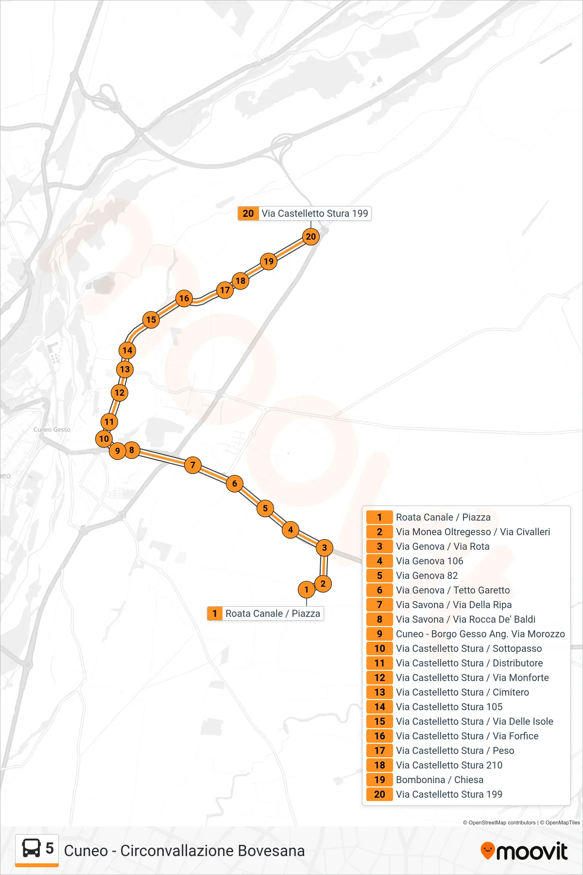 Linea 5  bus (Cuneo - Circonvallazione Bovesana) - Percorsi e fermate sulla mappa