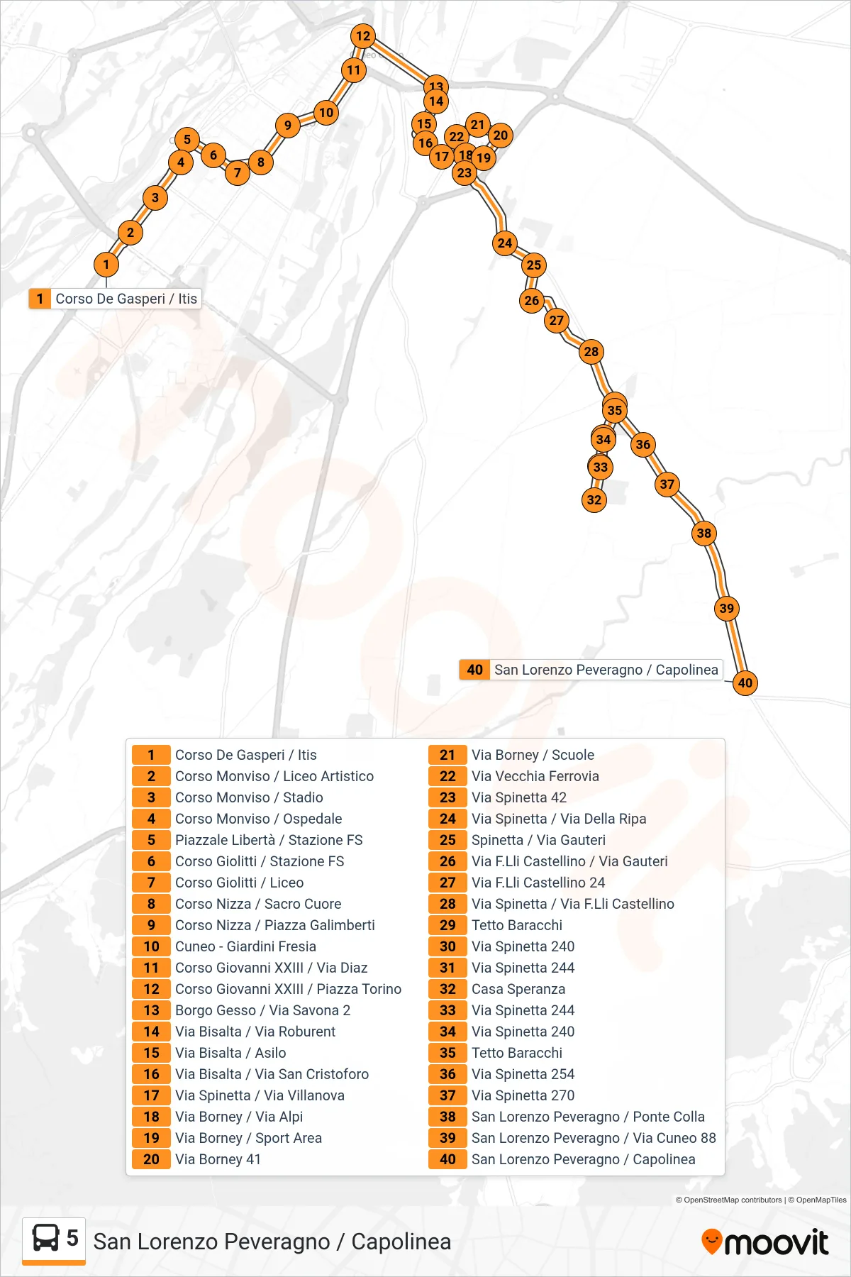 Linea 5  bus (San Lorenzo Peveragno / Capolinea) - Percorsi e fermate sulla mappa