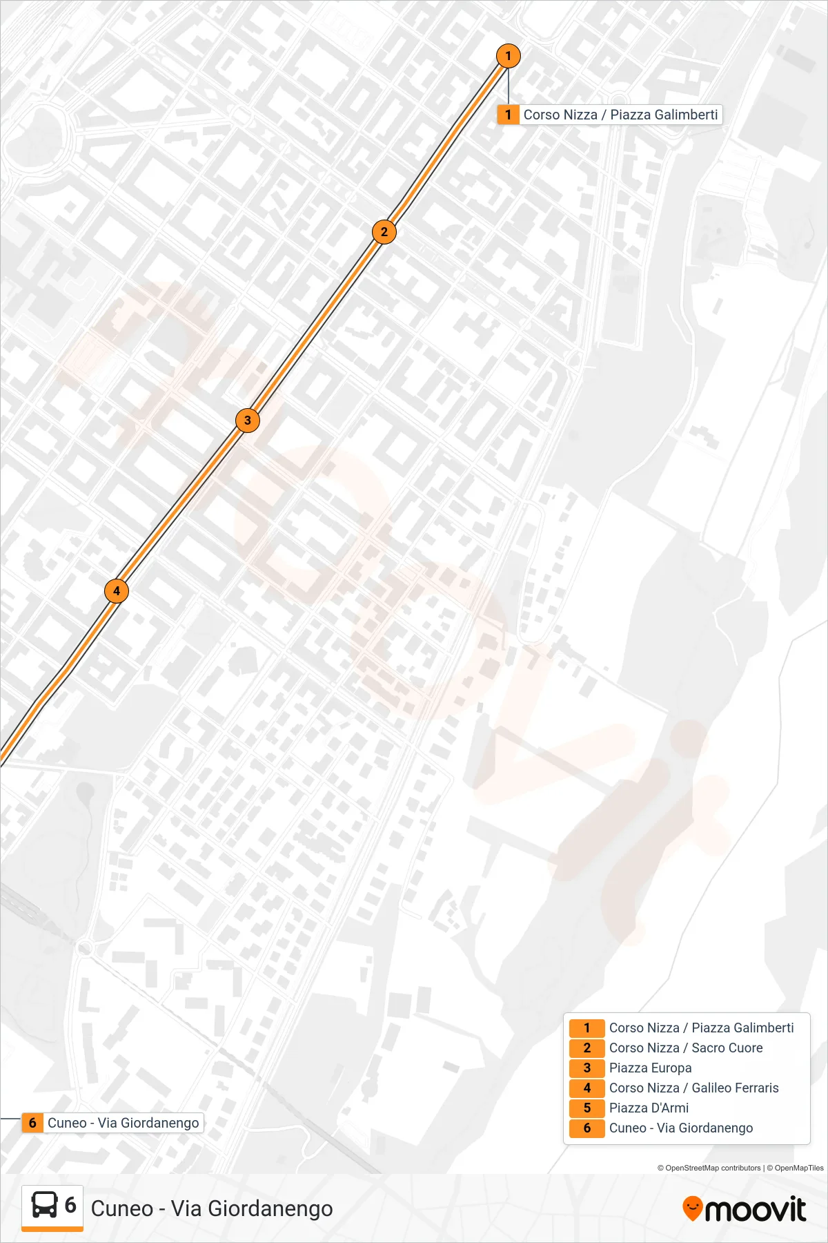 Linea 6 bus (Cuneo - Via Giordanengo) - Percorsi e fermate sulla mappa