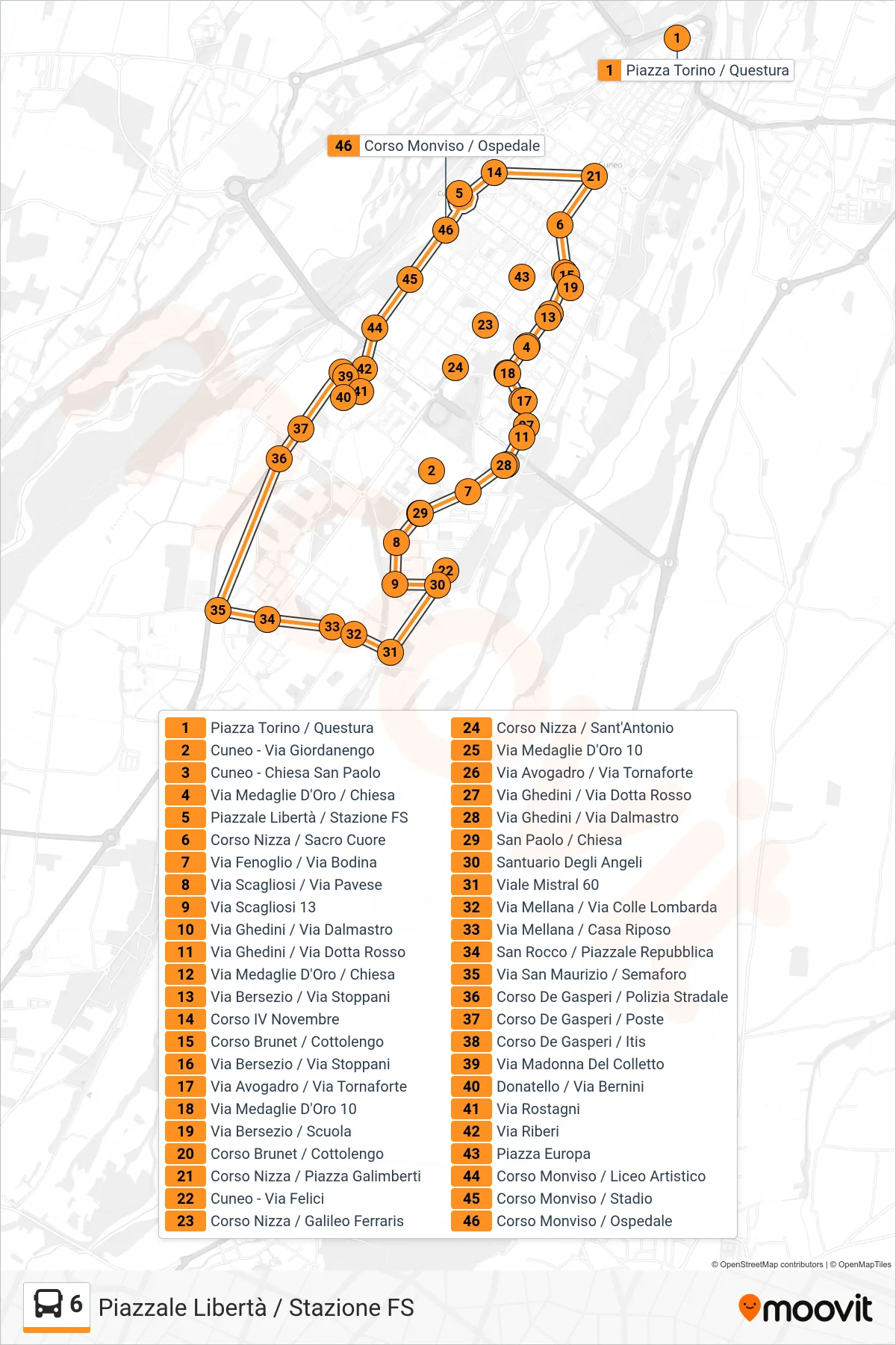 Linea 6 bus (Piazzale Libertà / Stazione FS) - Percorsi e fermate sulla mappa