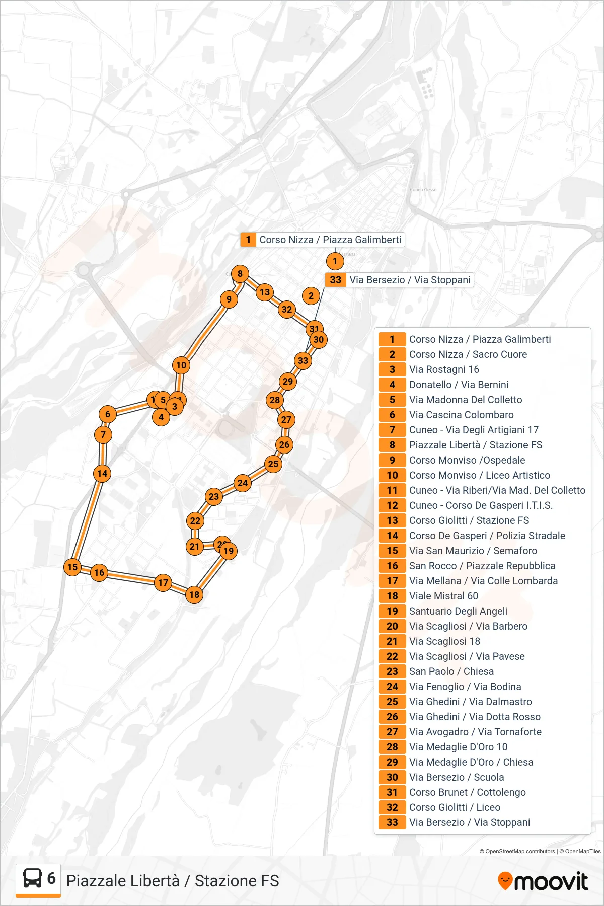 Linea 6  bus (Piazzale Libertà / Stazione FS) - Percorsi e fermate sulla mappa
