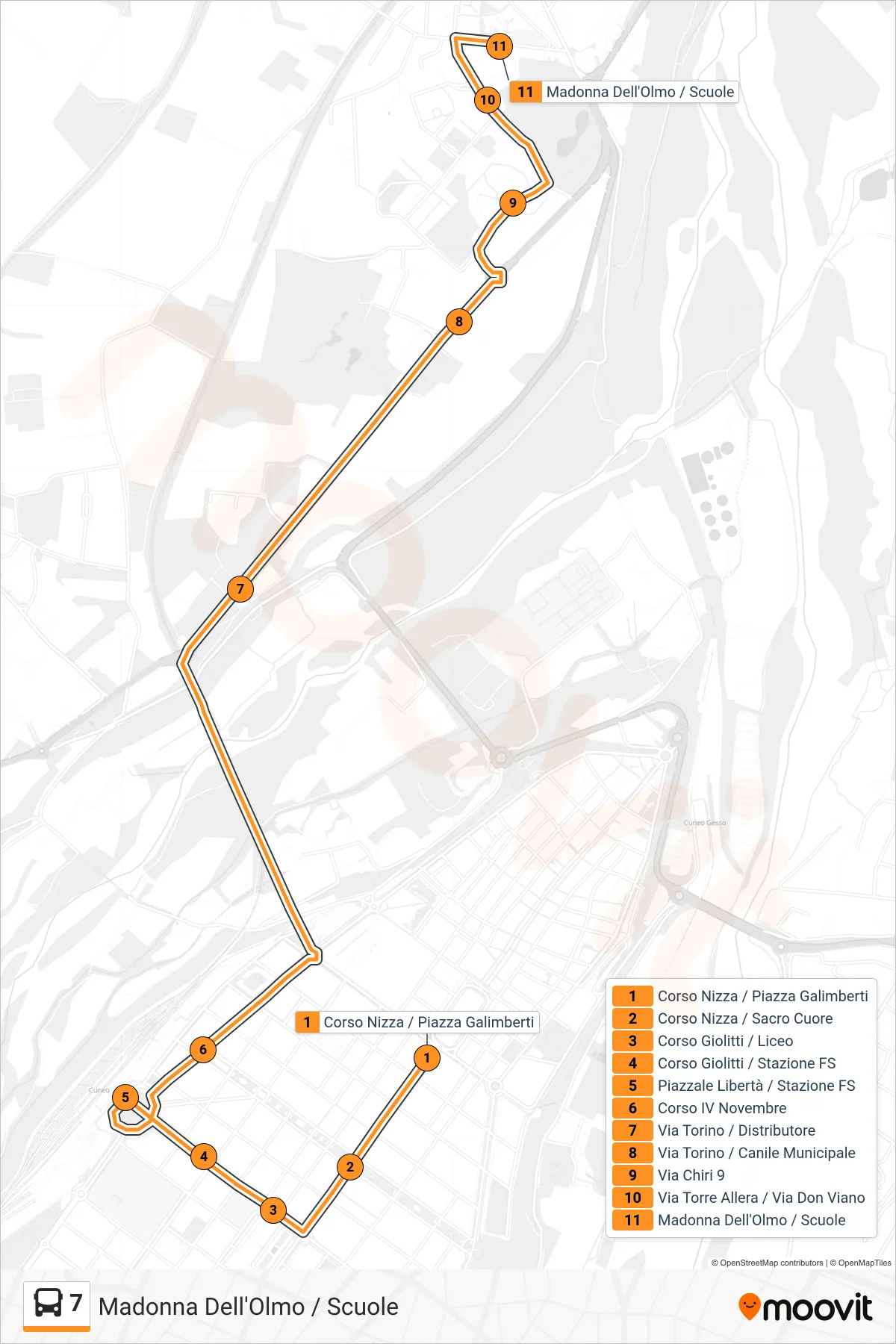 Linea 7 bus (Madonna Dell'Olmo / Scuole) - Percorsi e fermate sulla mappa