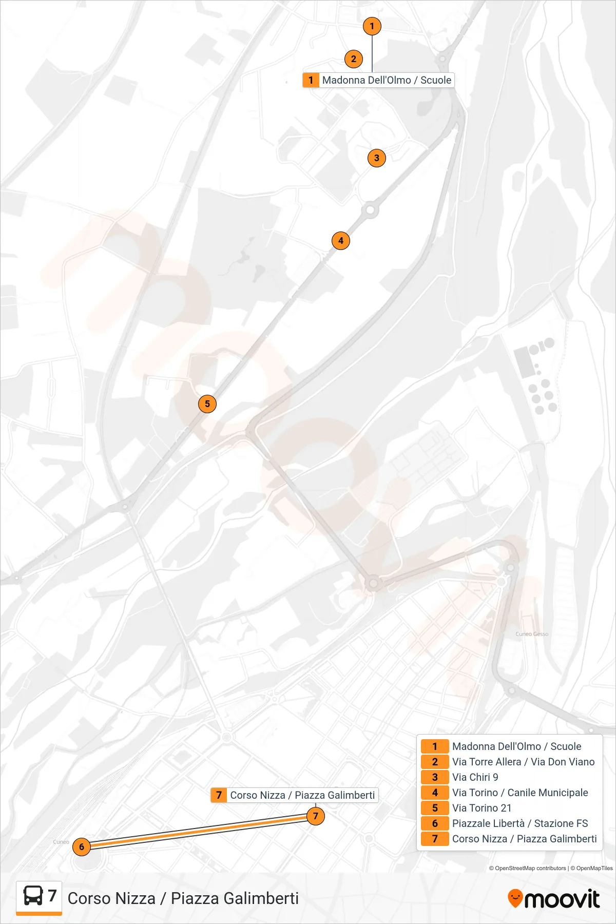 Linea 7  bus (Corso Nizza / Piazza Galimberti) - Percorsi e fermate sulla mappa