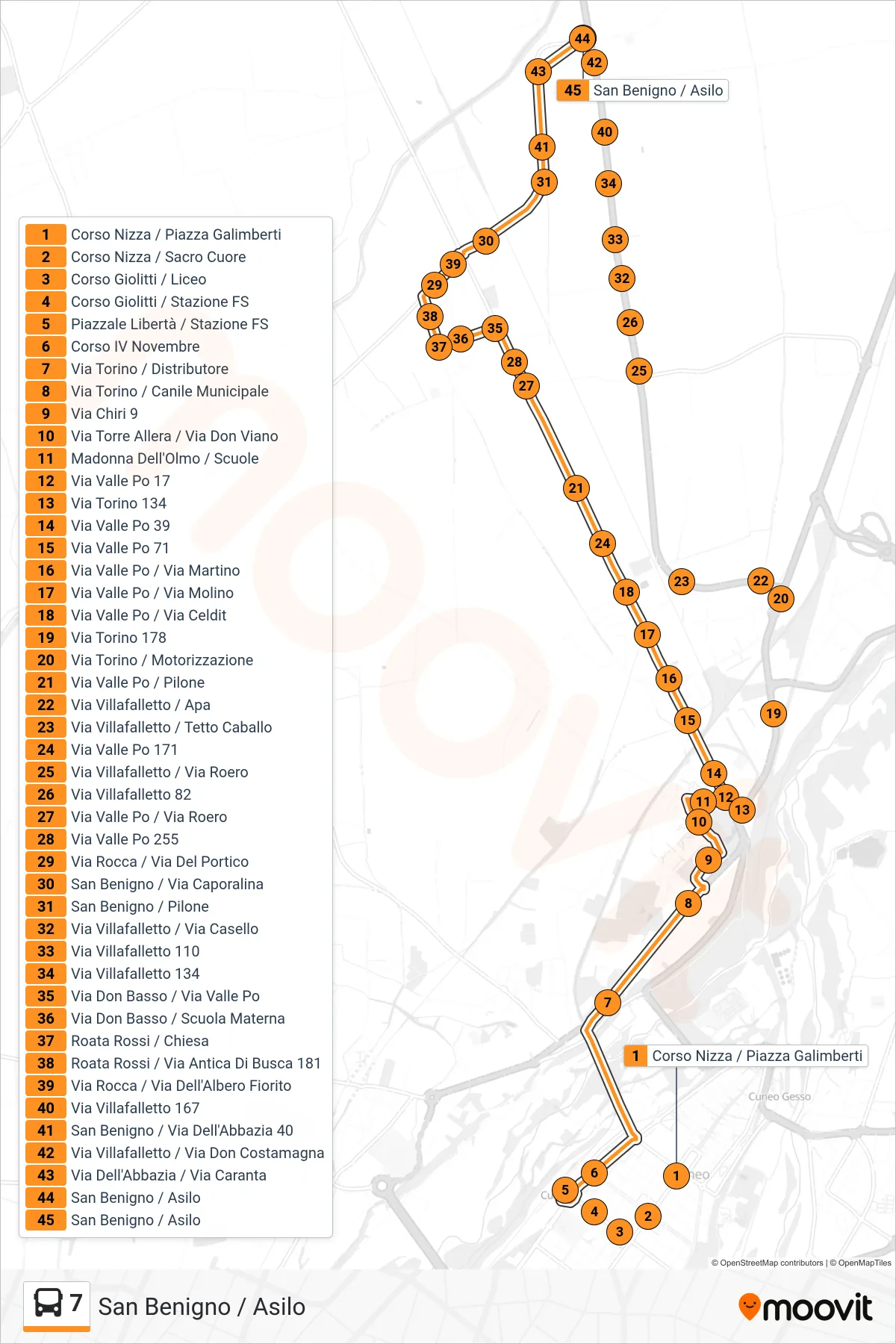 Linea 7  bus (San Benigno / Asilo) - Percorsi e fermate sulla mappa