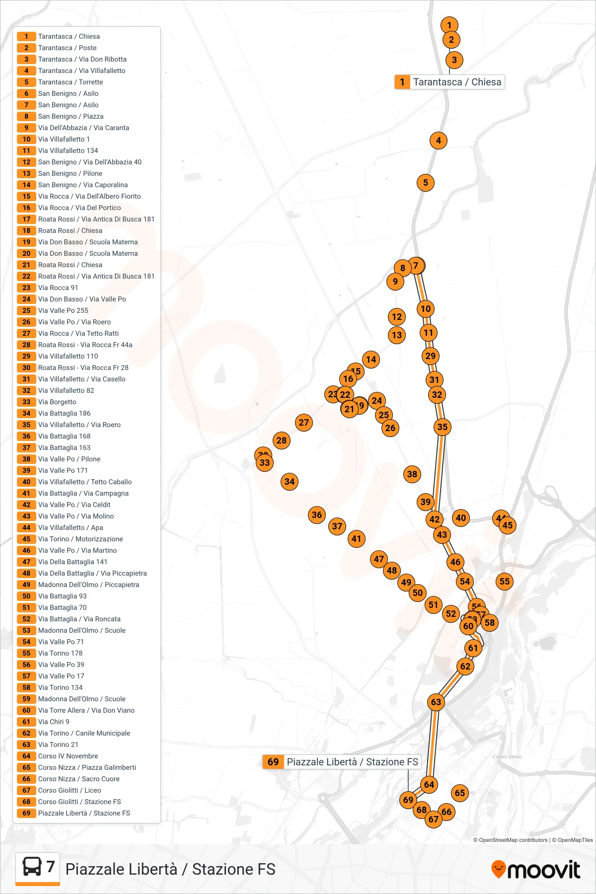 Linea 7 bus (Piazzale Libertà / Stazione FS) - Percorsi e fermate sulla mappa