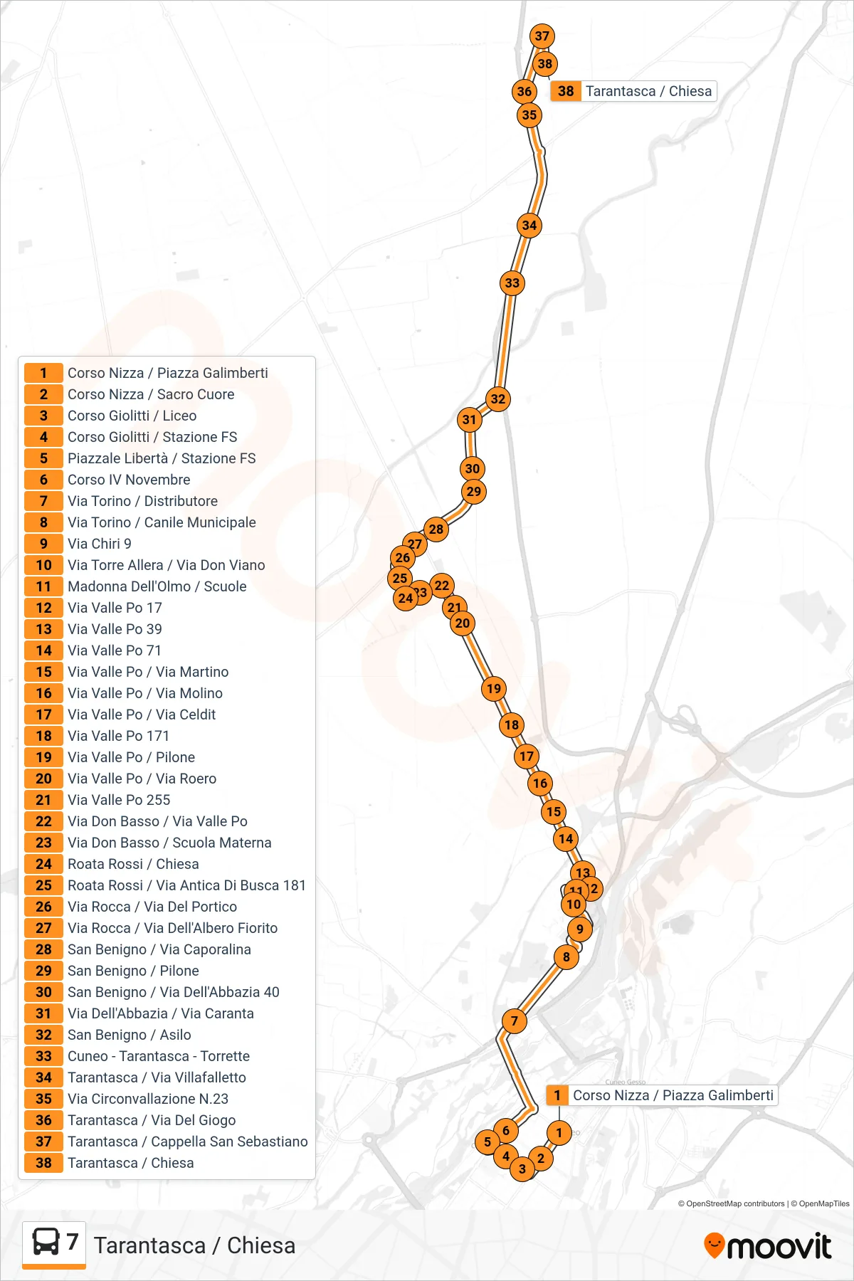 Linea 7 bus (Tarantasca / Chiesa) - Percorsi e fermate sulla mappa