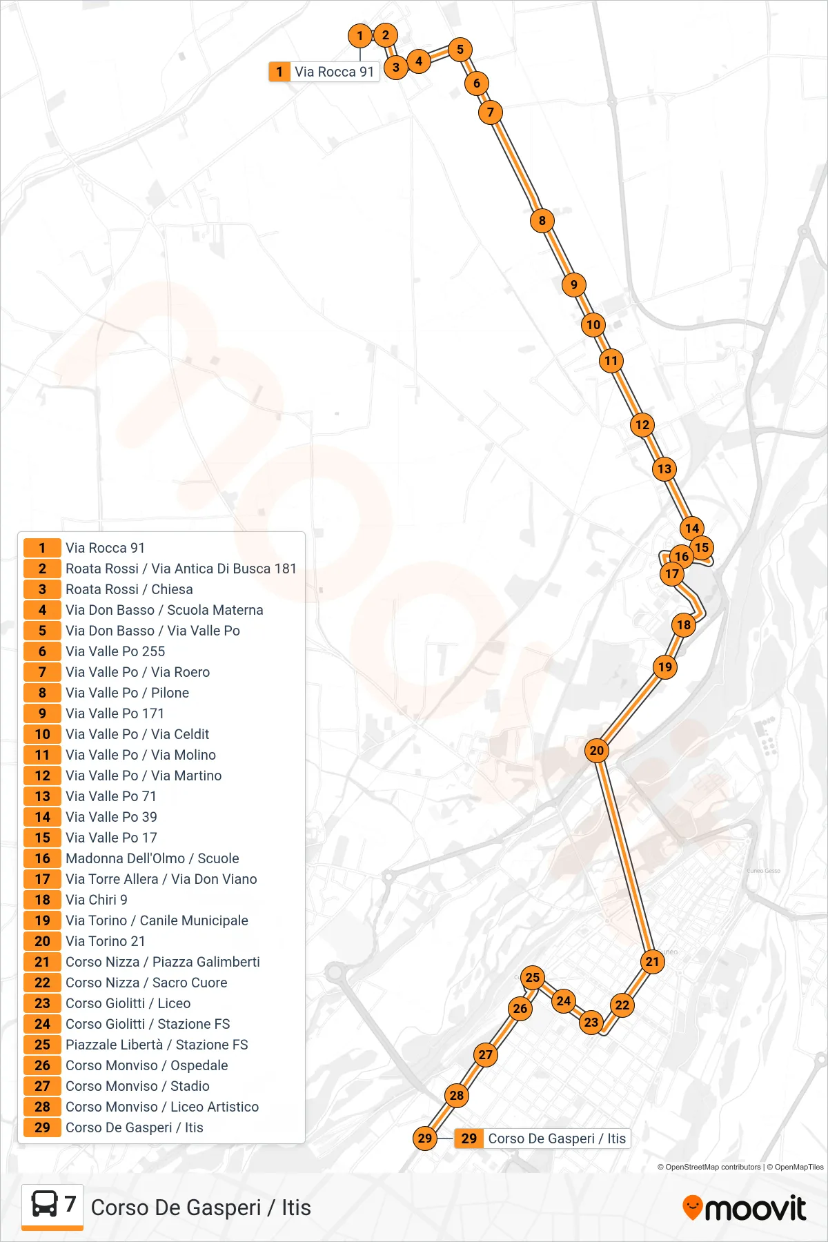 Linea 7 bus (Corso De Gasperi / Itis) - Percorsi e fermate sulla mappa