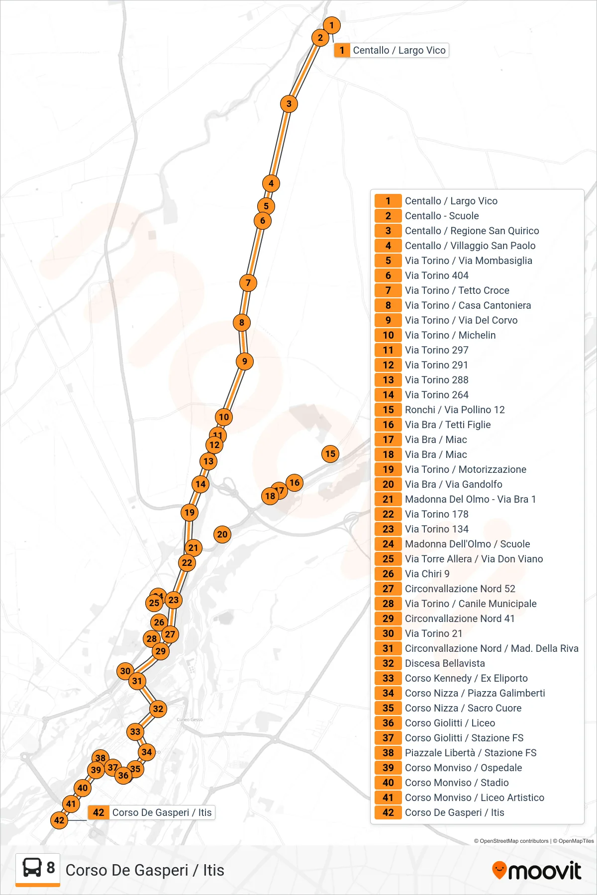 Linea 8 bus (Corso De Gasperi / Itis) - Percorsi e fermate sulla mappa